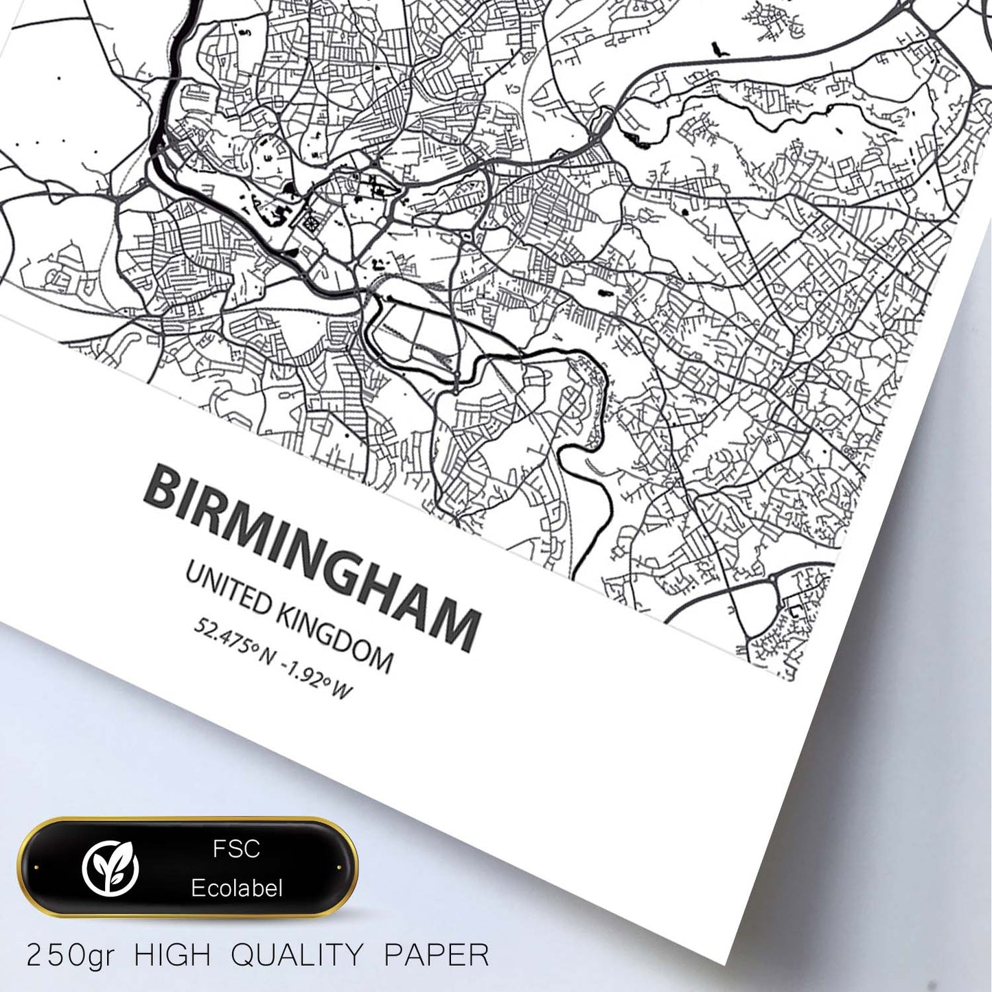 Poster con mapa de Birmingham - Reino Unido. Láminas de ciudades de Reino Unido con mares y ríos en color negro.-Artwork-Nacnic-Nacnic Estudio SL