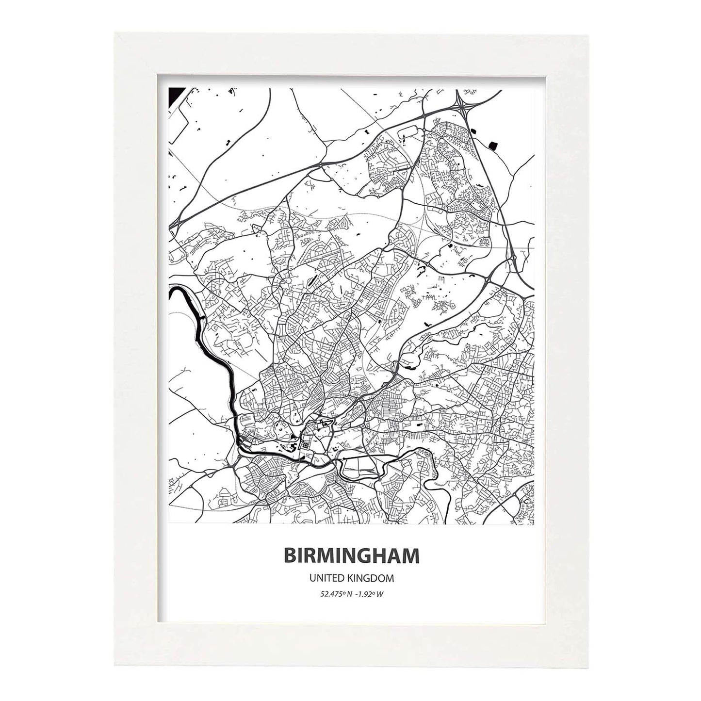 Poster con mapa de Birmingham - Reino Unido. Láminas de ciudades de Reino Unido con mares y ríos en color negro.-Artwork-Nacnic-A3-Marco Blanco-Nacnic Estudio SL