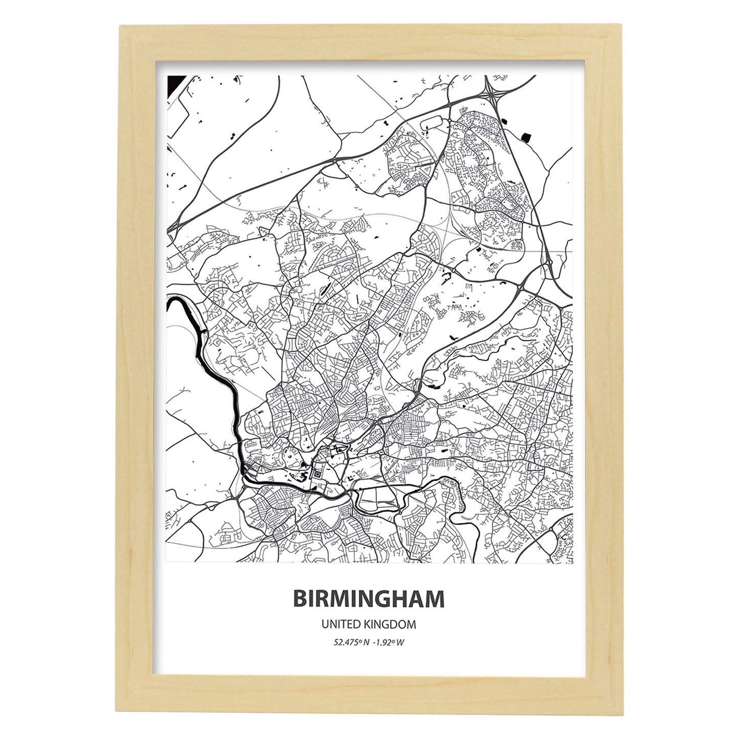 Poster con mapa de Birmingham - Reino Unido. Láminas de ciudades de Reino Unido con mares y ríos en color negro.-Artwork-Nacnic-A3-Marco Madera clara-Nacnic Estudio SL