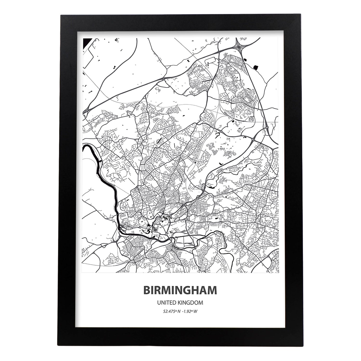 Poster con mapa de Birmingham - Reino Unido. Láminas de ciudades de Reino Unido con mares y ríos en color negro.-Artwork-Nacnic-A3-Marco Negro-Nacnic Estudio SL