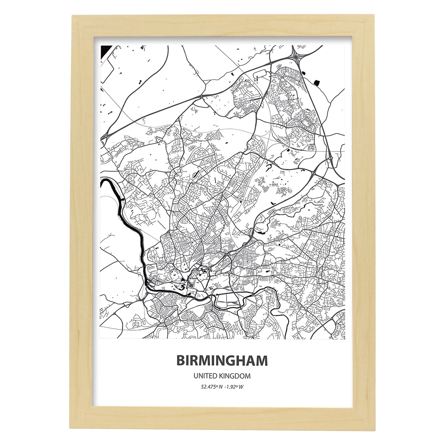 Poster con mapa de Birmingham - Reino Unido. Láminas de ciudades de Reino Unido con mares y ríos en color negro.-Artwork-Nacnic-A4-Marco Madera clara-Nacnic Estudio SL