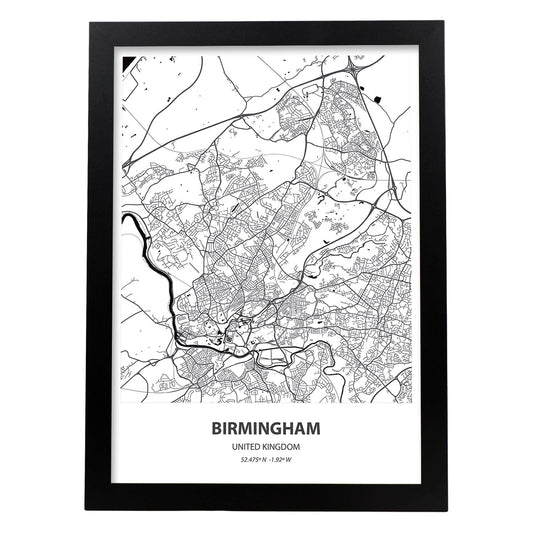 Poster con mapa de Birmingham - Reino Unido. Láminas de ciudades de Reino Unido con mares y ríos en color negro.-Artwork-Nacnic-A4-Marco Negro-Nacnic Estudio SL