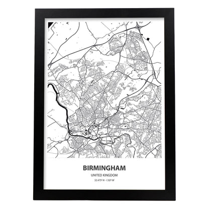Poster con mapa de Birmingham - Reino Unido. Láminas de ciudades de Reino Unido con mares y ríos en color negro.-Artwork-Nacnic-A4-Marco Negro-Nacnic Estudio SL