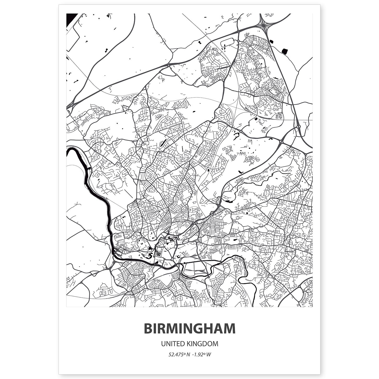 Poster con mapa de Birmingham - Reino Unido. Láminas de ciudades de Reino Unido con mares y ríos en color negro.-Artwork-Nacnic-A4-Sin marco-Nacnic Estudio SL