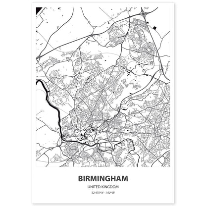 Poster con mapa de Birmingham - Reino Unido. Láminas de ciudades de Reino Unido con mares y ríos en color negro.-Artwork-Nacnic-A4-Sin marco-Nacnic Estudio SL