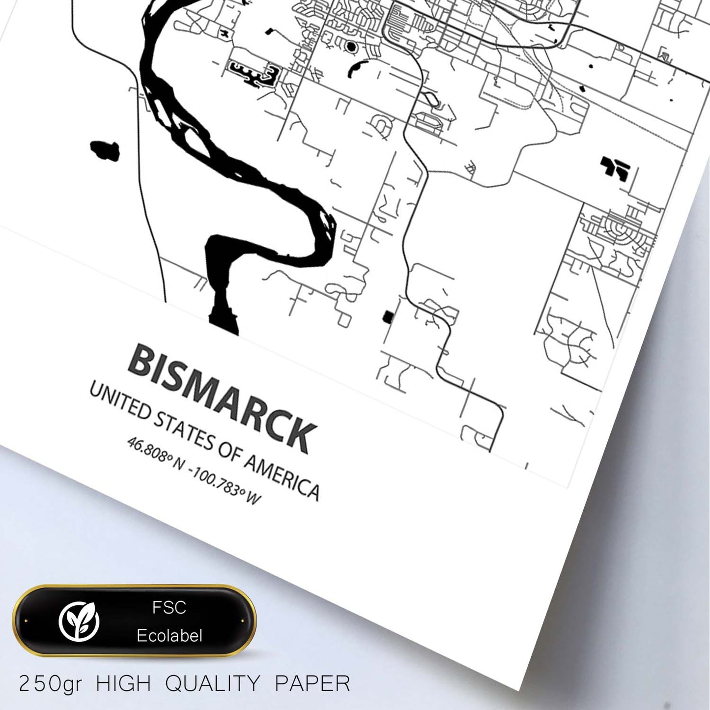 Poster con mapa de Bismarck - USA. Láminas de ciudades de Estados Unidos con mares y ríos en color negro.-Artwork-Nacnic-Nacnic Estudio SL