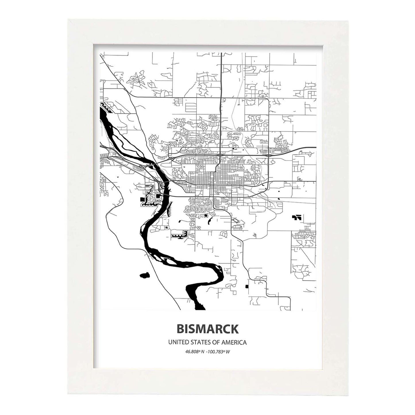 Poster con mapa de Bismarck - USA. Láminas de ciudades de Estados Unidos con mares y ríos en color negro.-Artwork-Nacnic-A3-Marco Blanco-Nacnic Estudio SL