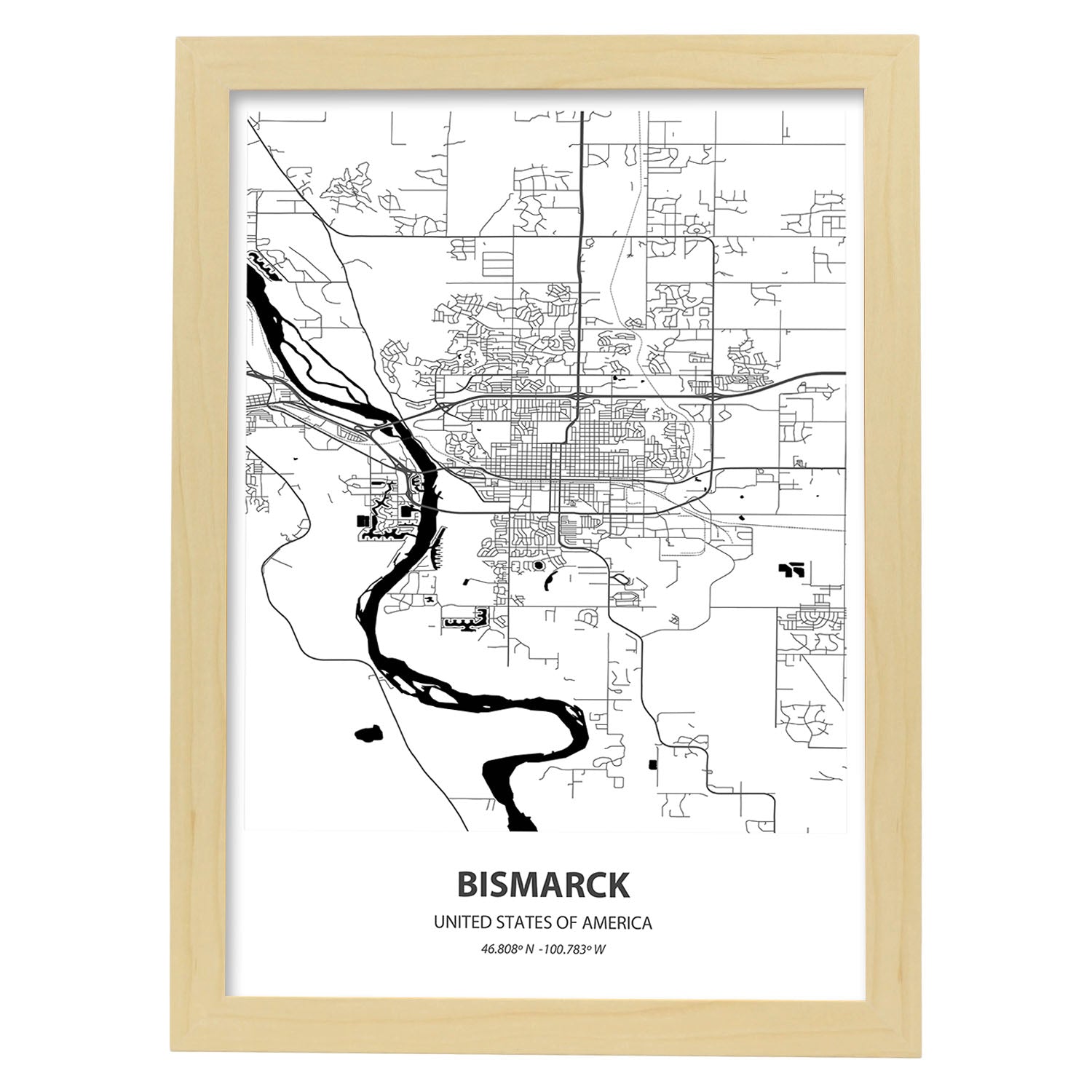 Poster con mapa de Bismarck - USA. Láminas de ciudades de Estados Unidos con mares y ríos en color negro.-Artwork-Nacnic-A3-Marco Madera clara-Nacnic Estudio SL