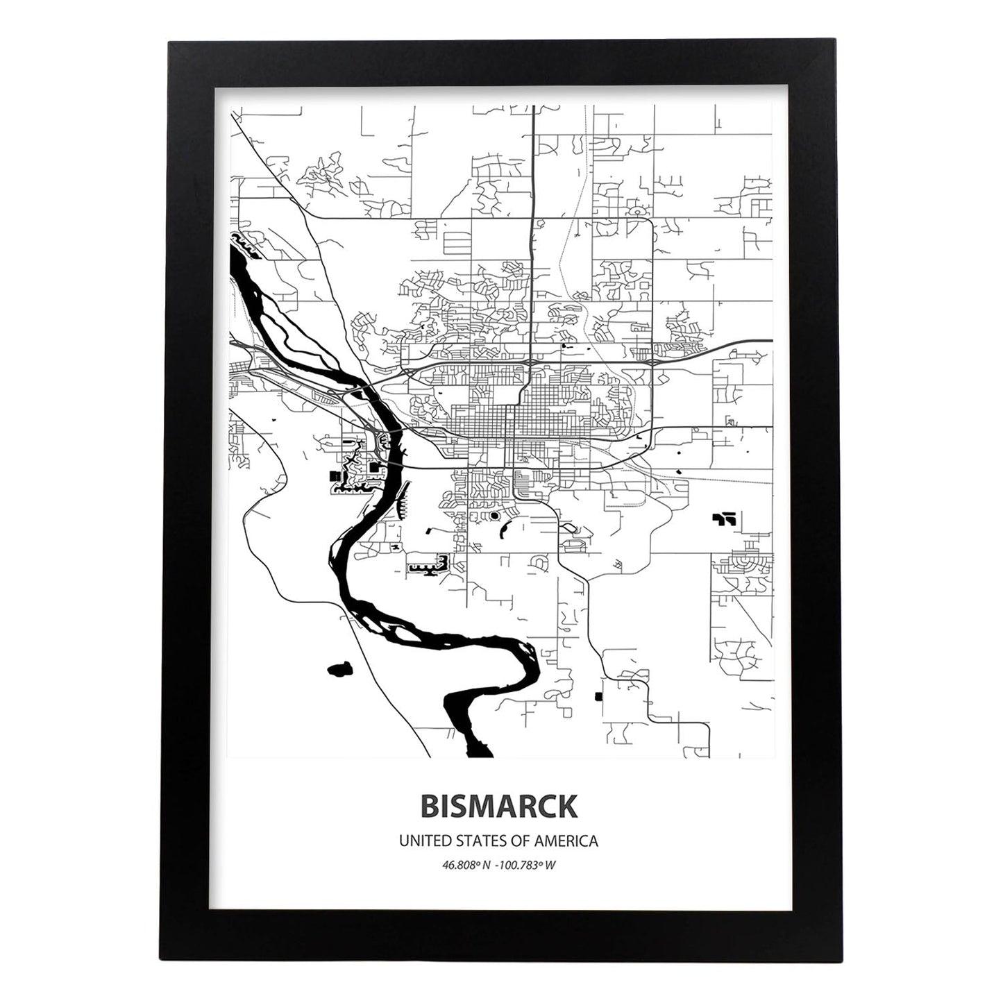 Poster con mapa de Bismarck - USA. Láminas de ciudades de Estados Unidos con mares y ríos en color negro.-Artwork-Nacnic-A3-Marco Negro-Nacnic Estudio SL