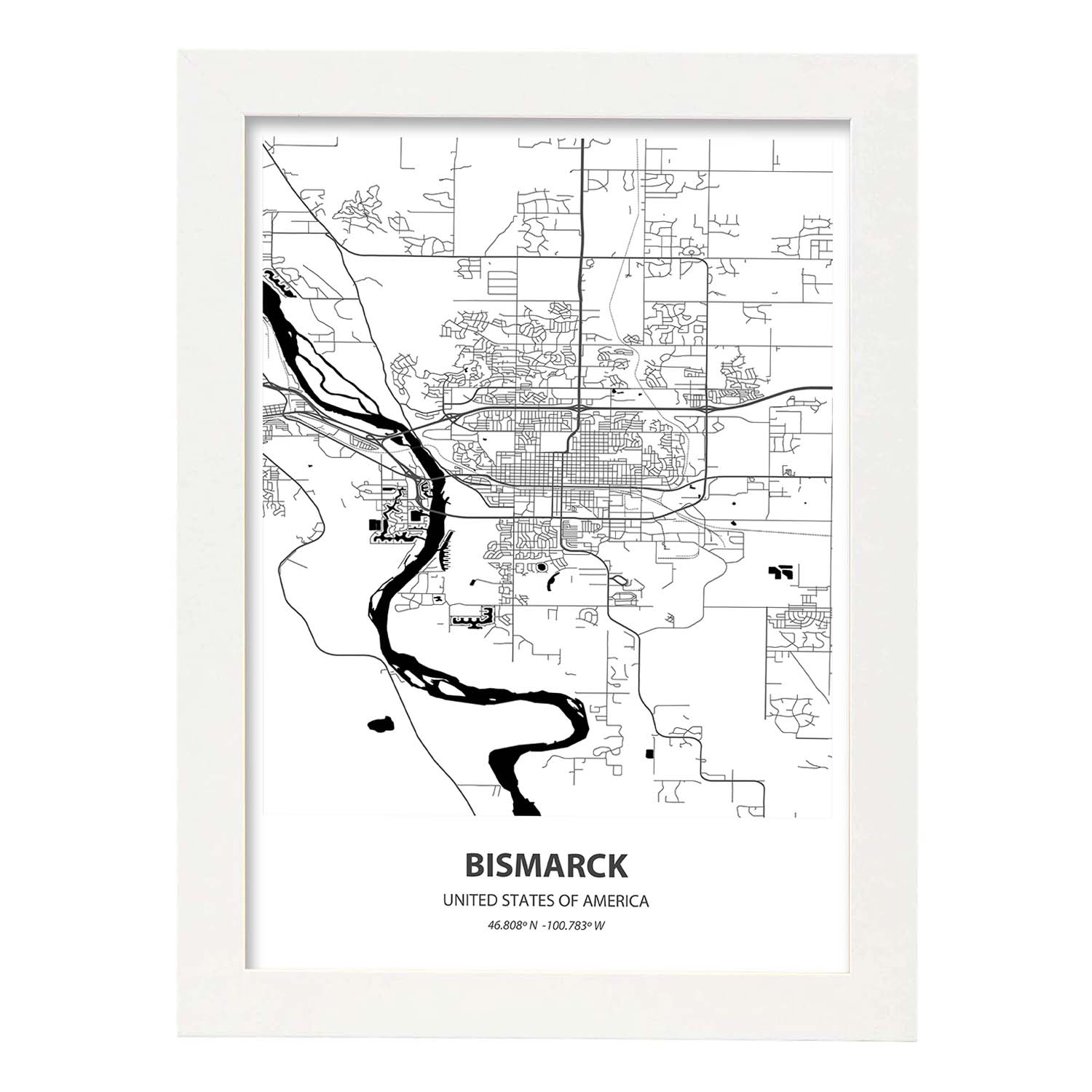 Poster con mapa de Bismarck - USA. Láminas de ciudades de Estados Unidos con mares y ríos en color negro.-Artwork-Nacnic-A4-Marco Blanco-Nacnic Estudio SL