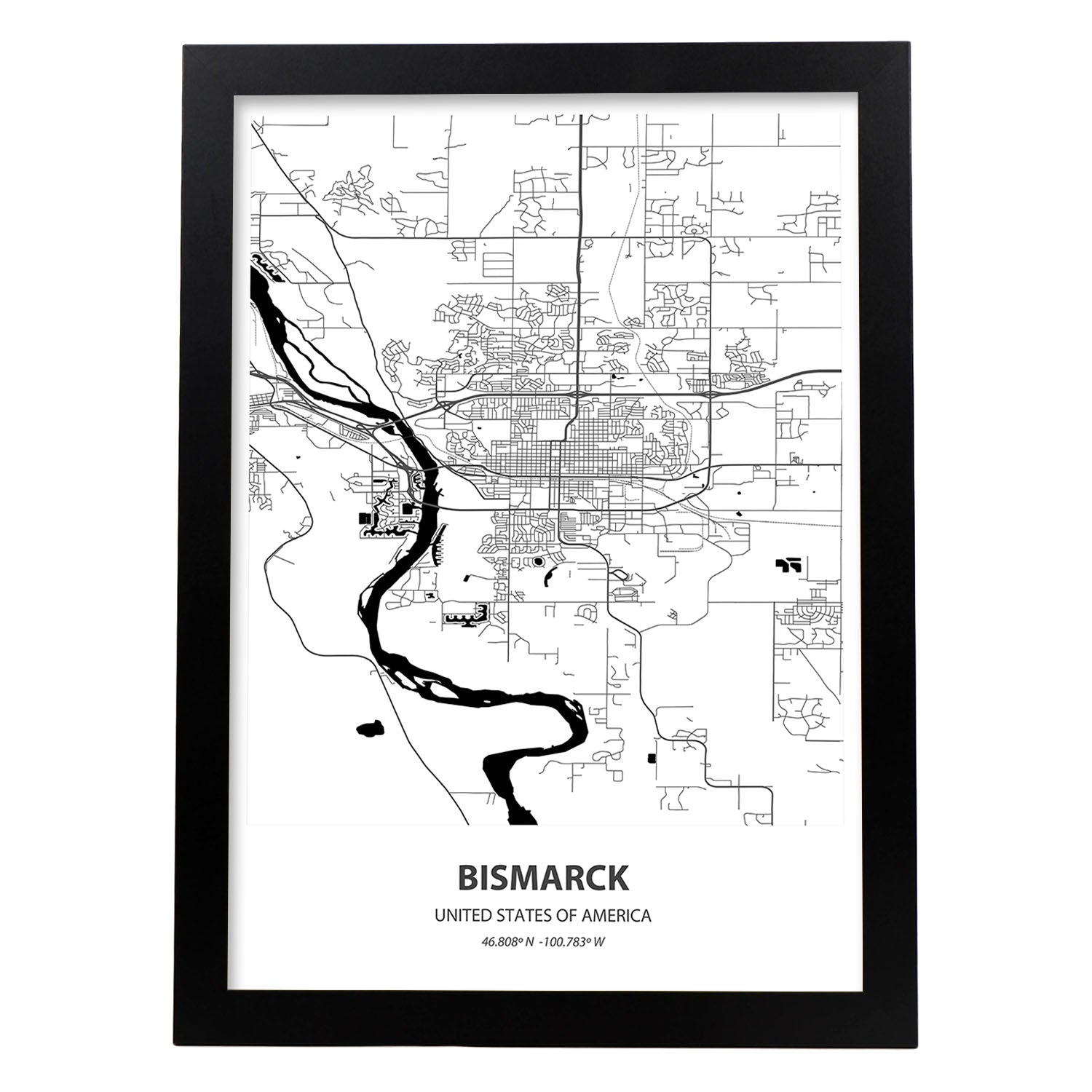 Poster con mapa de Bismarck - USA. Láminas de ciudades de Estados Unidos con mares y ríos en color negro.-Artwork-Nacnic-A4-Marco Negro-Nacnic Estudio SL