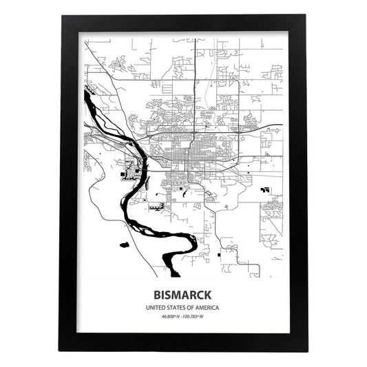 Poster con mapa de Bismarck - USA. Láminas de ciudades de Estados Unidos con mares y ríos en color negro.-Artwork-Nacnic-A4-Marco Negro-Nacnic Estudio SL