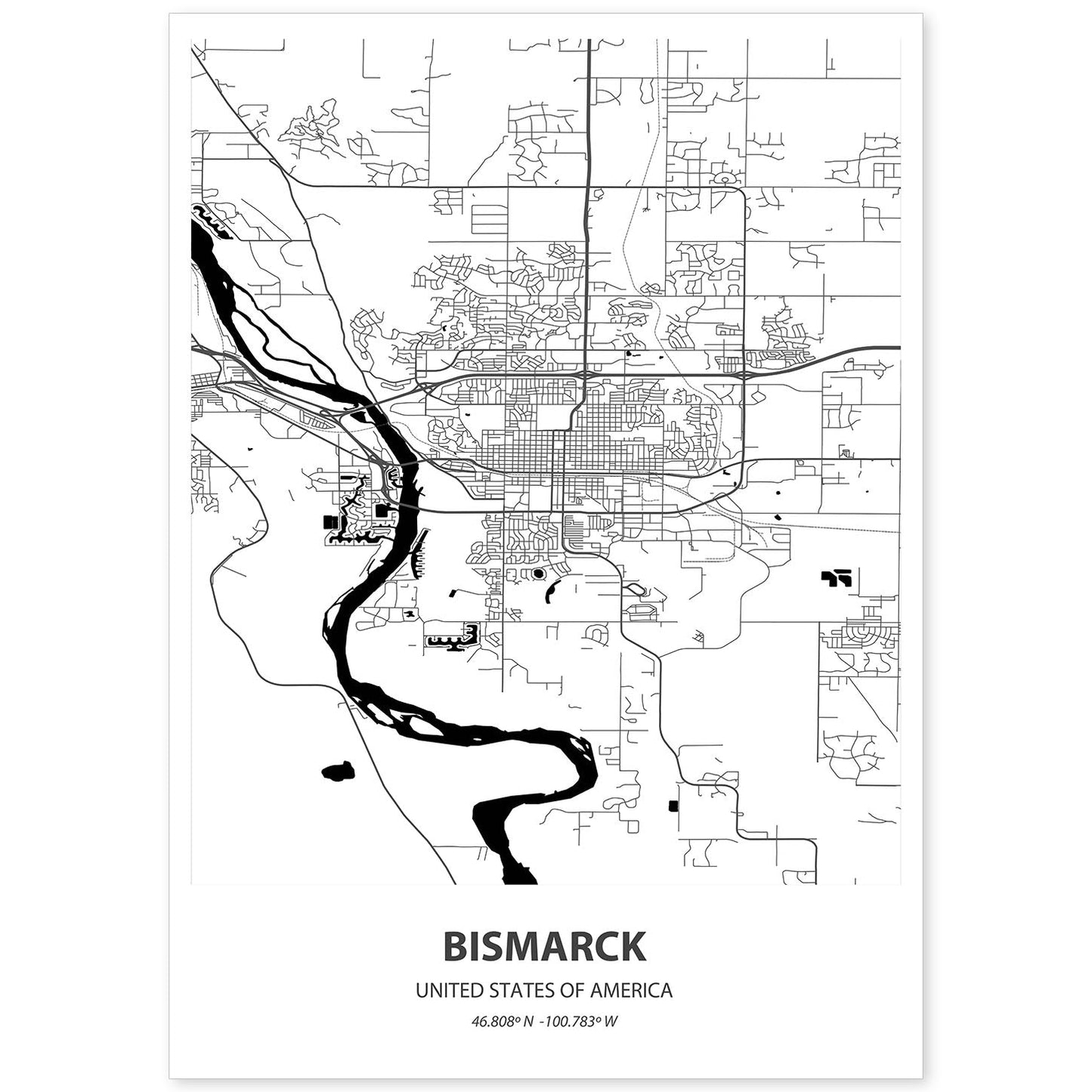 Poster con mapa de Bismarck - USA. Láminas de ciudades de Estados Unidos con mares y ríos en color negro.-Artwork-Nacnic-A4-Sin marco-Nacnic Estudio SL