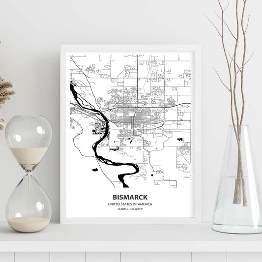 Poster con mapa de Bismarck - USA. Láminas de ciudades de Estados Unidos con mares y ríos en color negro.-Artwork-Nacnic-Nacnic Estudio SL