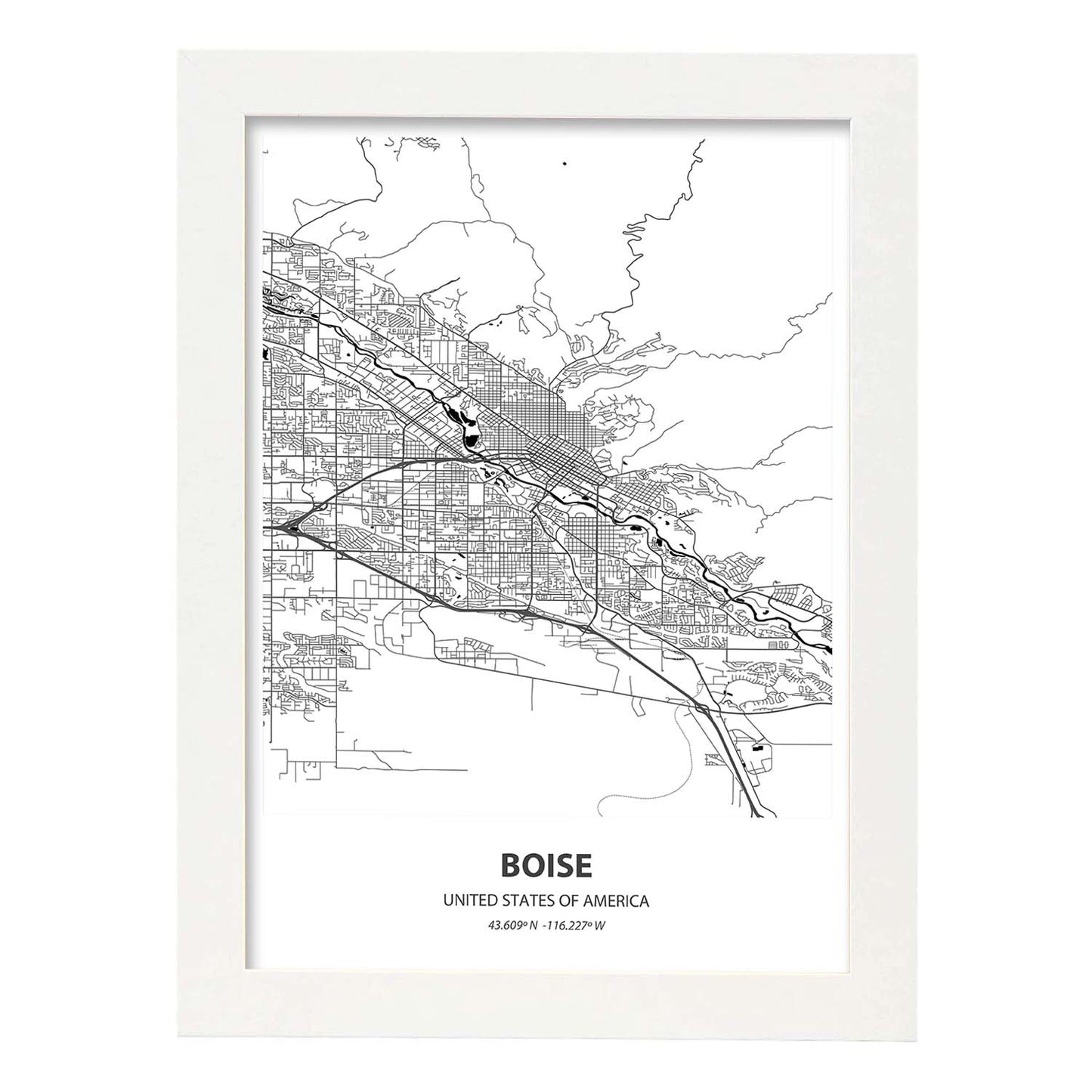 Poster con mapa de Boise - USA. Láminas de ciudades de Estados Unidos con mares y ríos en color negro.-Artwork-Nacnic-A3-Marco Blanco-Nacnic Estudio SL
