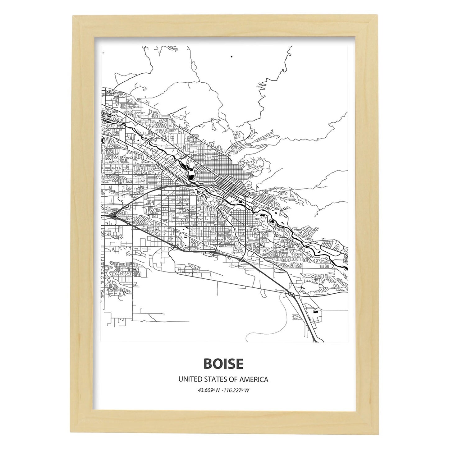 Poster con mapa de Boise - USA. Láminas de ciudades de Estados Unidos con mares y ríos en color negro.-Artwork-Nacnic-A3-Marco Madera clara-Nacnic Estudio SL