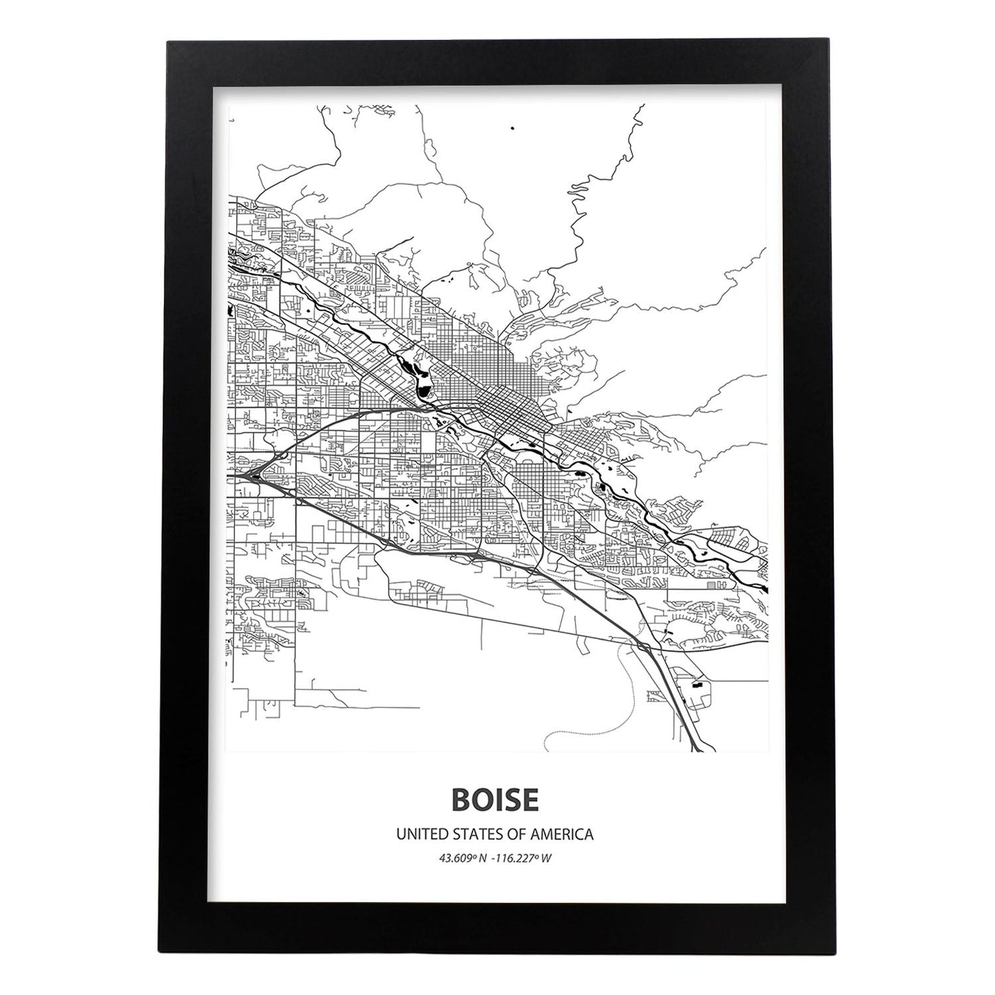 Poster con mapa de Boise - USA. Láminas de ciudades de Estados Unidos con mares y ríos en color negro.-Artwork-Nacnic-A3-Marco Negro-Nacnic Estudio SL