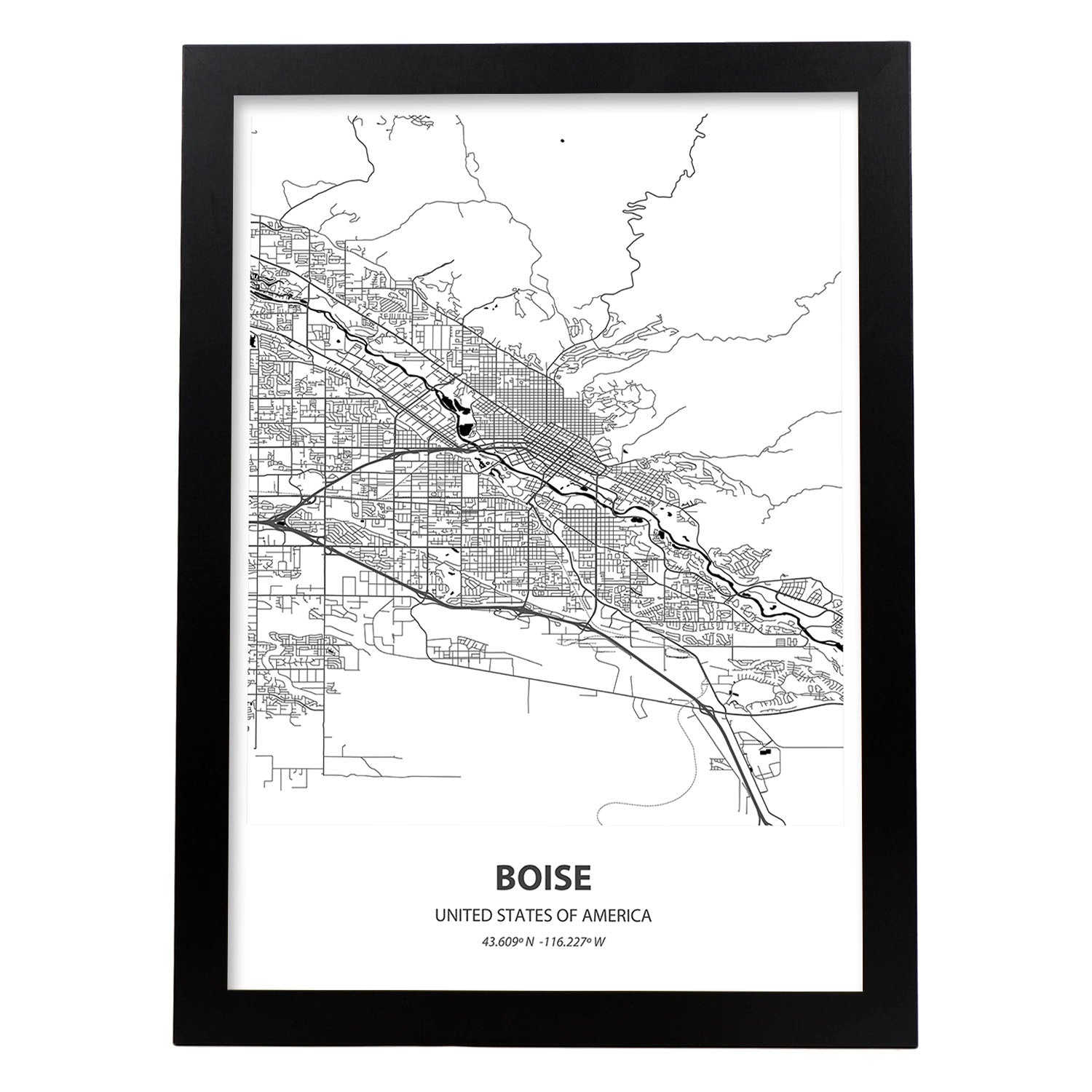 Poster con mapa de Boise - USA. Láminas de ciudades de Estados Unidos con mares y ríos en color negro.-Artwork-Nacnic-A3-Marco Negro-Nacnic Estudio SL