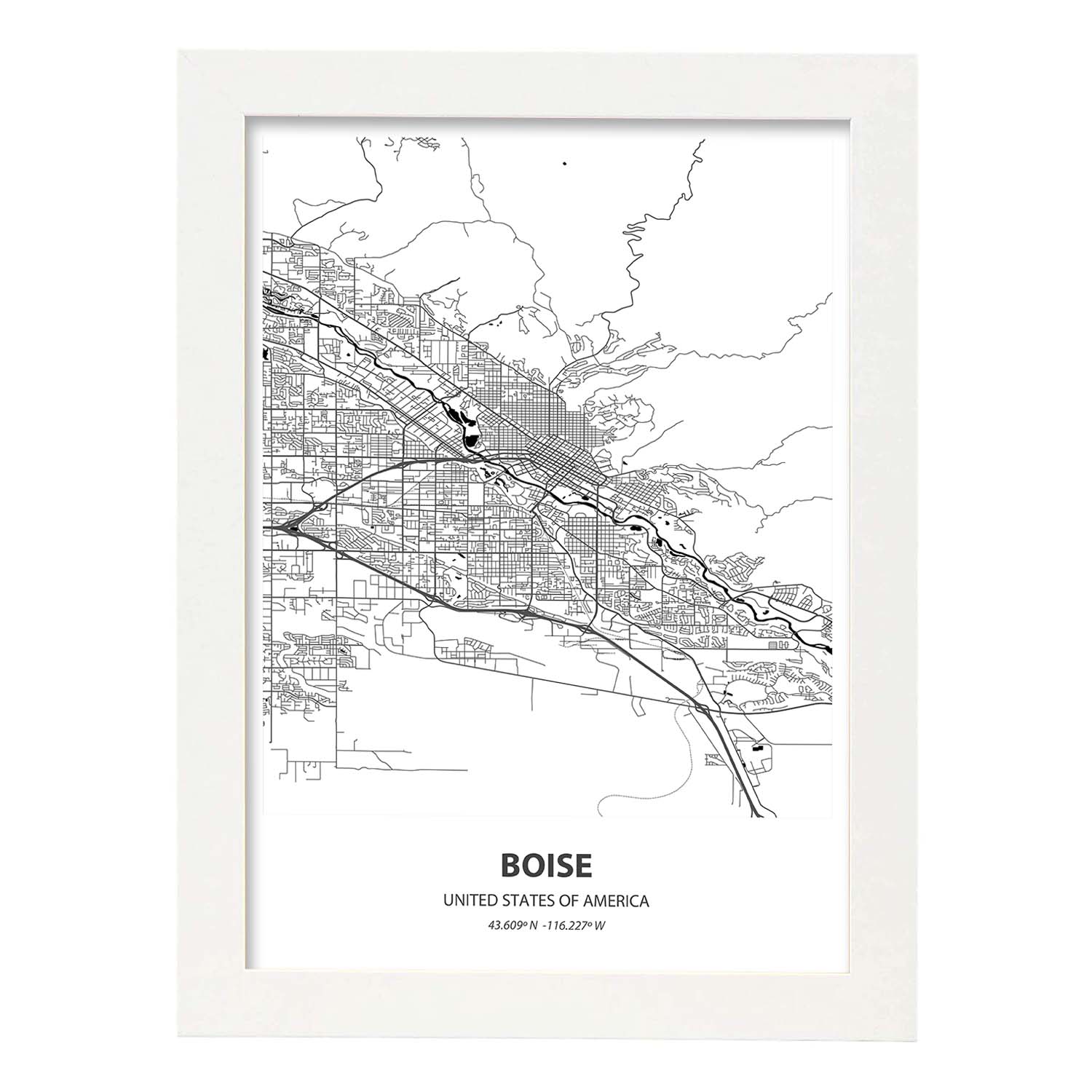 Poster con mapa de Boise - USA. Láminas de ciudades de Estados Unidos con mares y ríos en color negro.-Artwork-Nacnic-A4-Marco Blanco-Nacnic Estudio SL