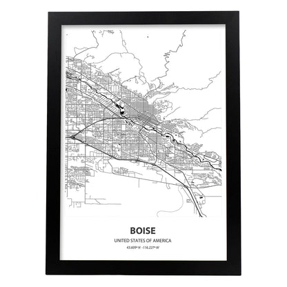 Poster con mapa de Boise - USA. Láminas de ciudades de Estados Unidos con mares y ríos en color negro.-Artwork-Nacnic-A4-Marco Negro-Nacnic Estudio SL