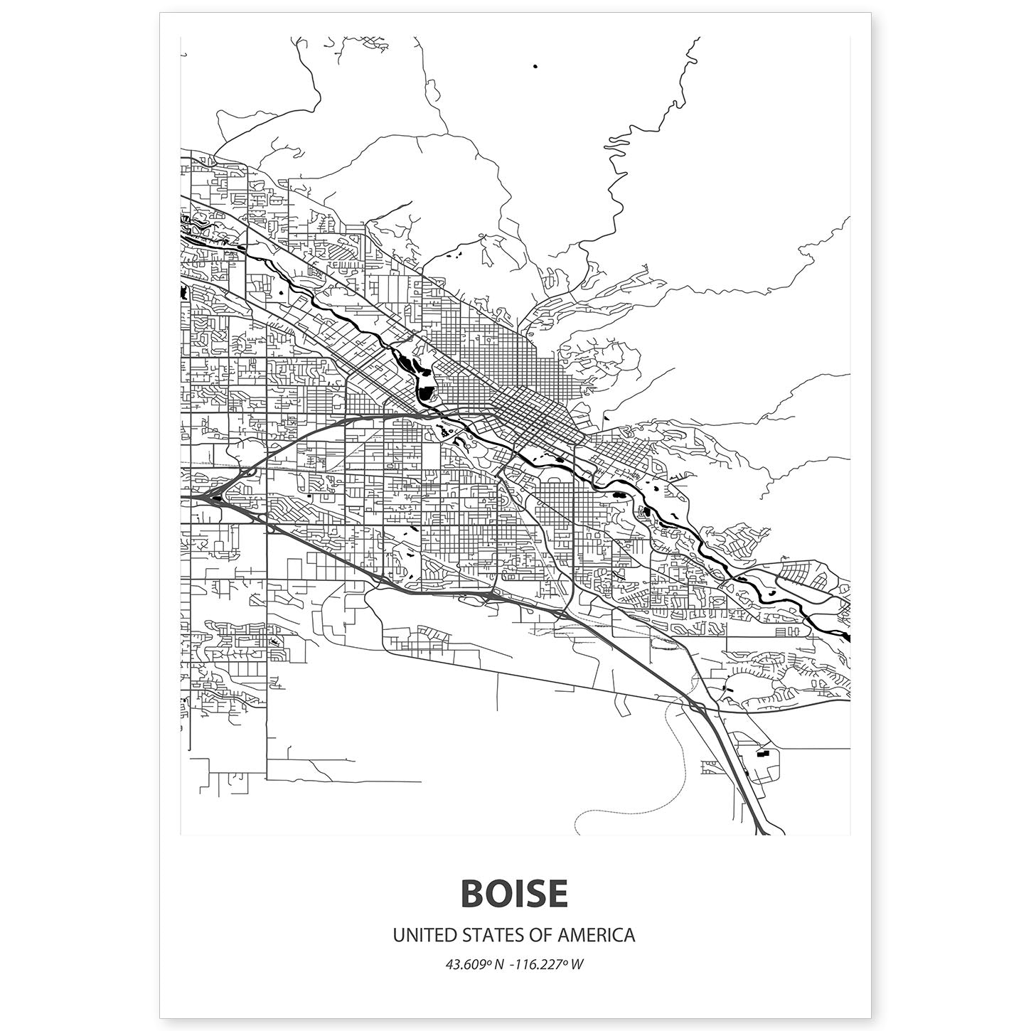 Poster con mapa de Boise - USA. Láminas de ciudades de Estados Unidos con mares y ríos en color negro.-Artwork-Nacnic-A4-Sin marco-Nacnic Estudio SL