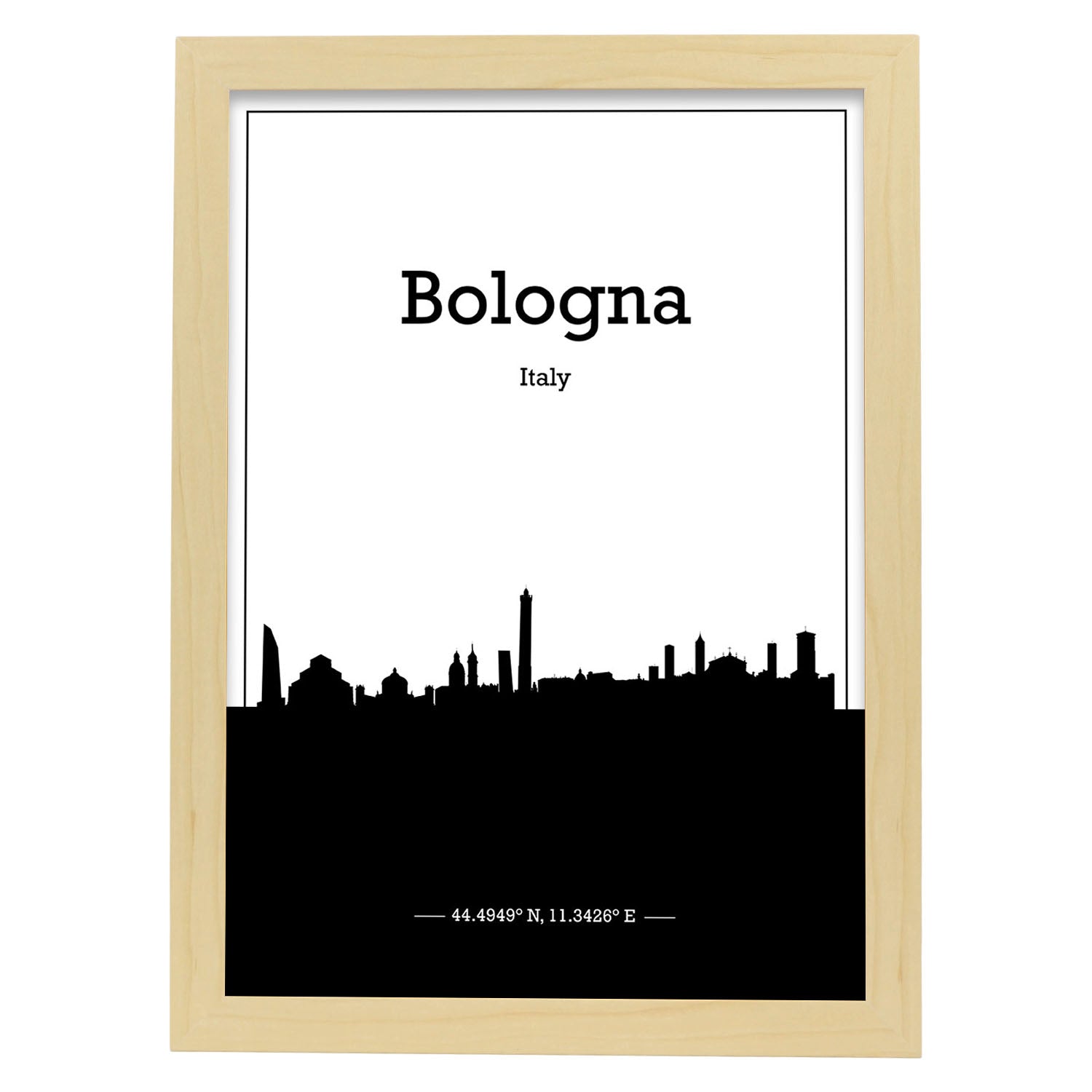 Poster con mapa de Bologna - Italia. Láminas con Skyline de ciudades de Italia con sombra negra.-Artwork-Nacnic-A3-Marco Madera clara-Nacnic Estudio SL