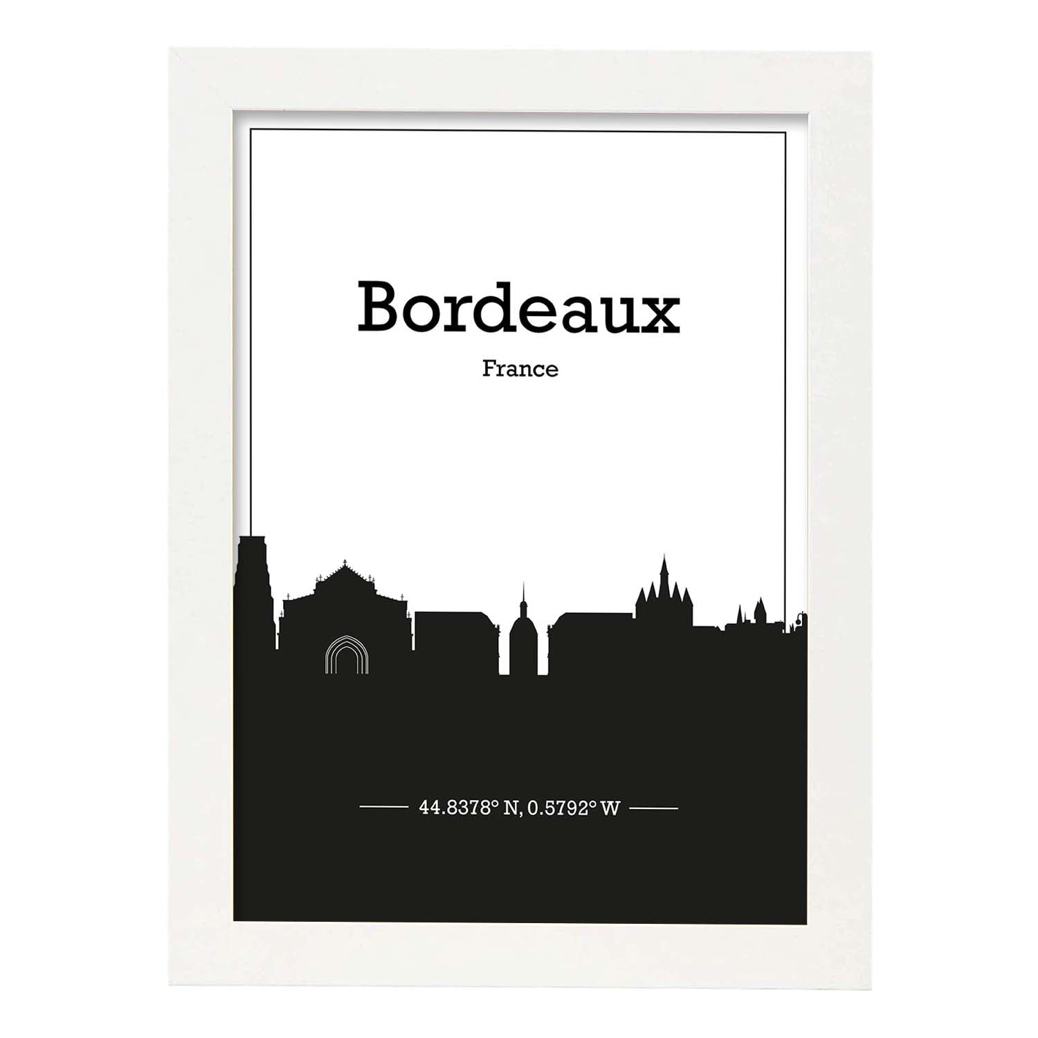 Poster con mapa de Bordeaux - Francia. Láminas con Skyline de ciudades de Francia con sombra negra.-Artwork-Nacnic-A3-Marco Blanco-Nacnic Estudio SL