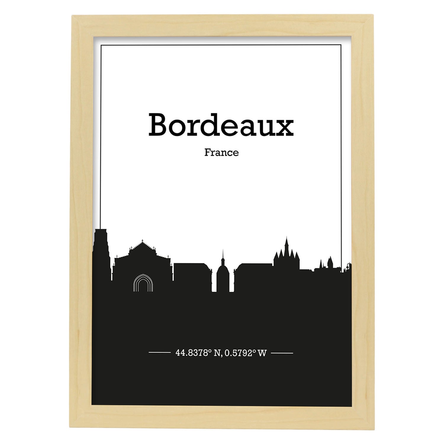 Poster con mapa de Bordeaux - Francia. Láminas con Skyline de ciudades de Francia con sombra negra.-Artwork-Nacnic-A3-Marco Madera clara-Nacnic Estudio SL