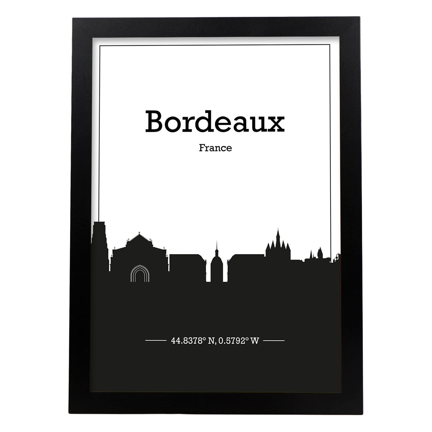Poster con mapa de Bordeaux - Francia. Láminas con Skyline de ciudades de Francia con sombra negra.-Artwork-Nacnic-A3-Marco Negro-Nacnic Estudio SL