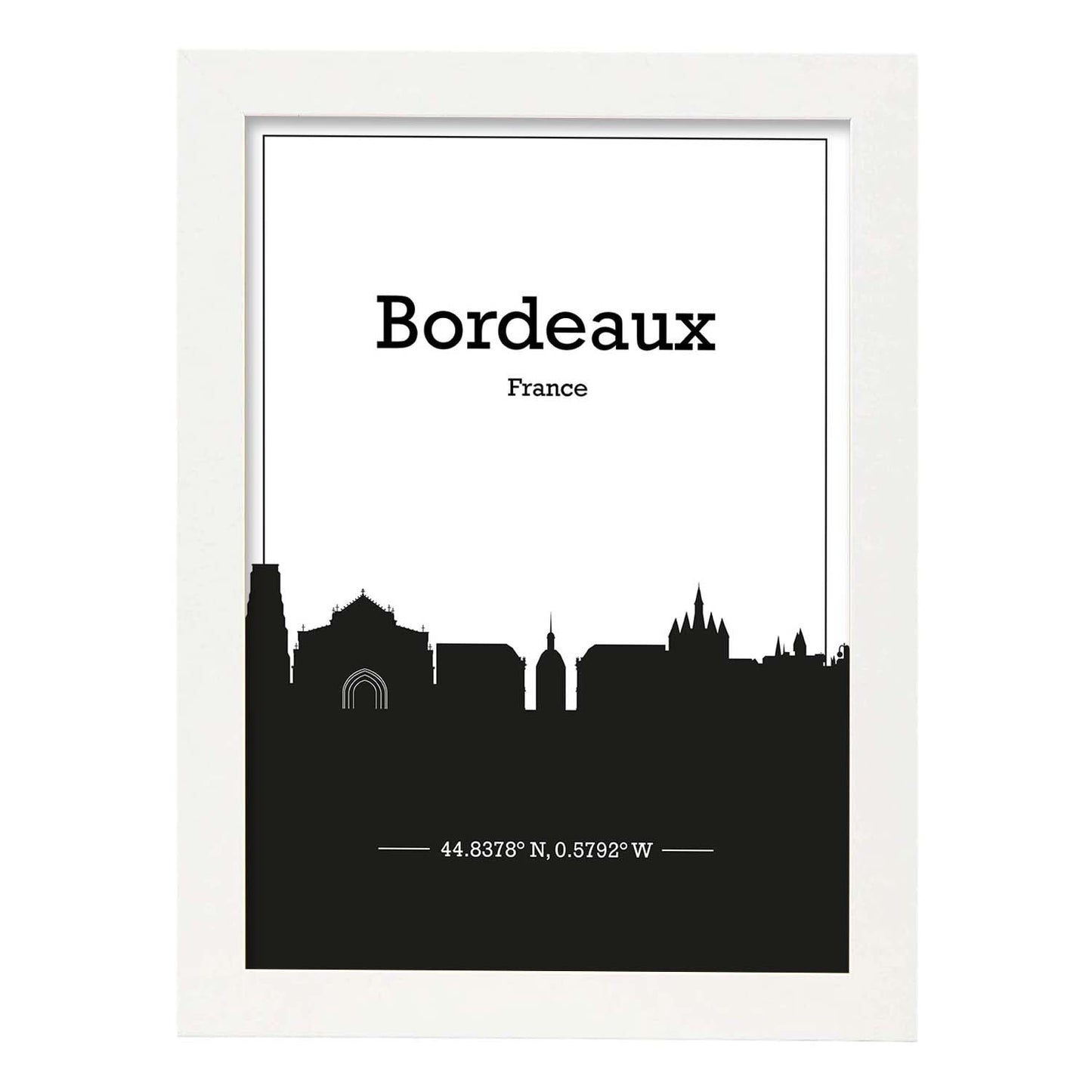 Poster con mapa de Bordeaux - Francia. Láminas con Skyline de ciudades de Francia con sombra negra.-Artwork-Nacnic-A4-Marco Blanco-Nacnic Estudio SL