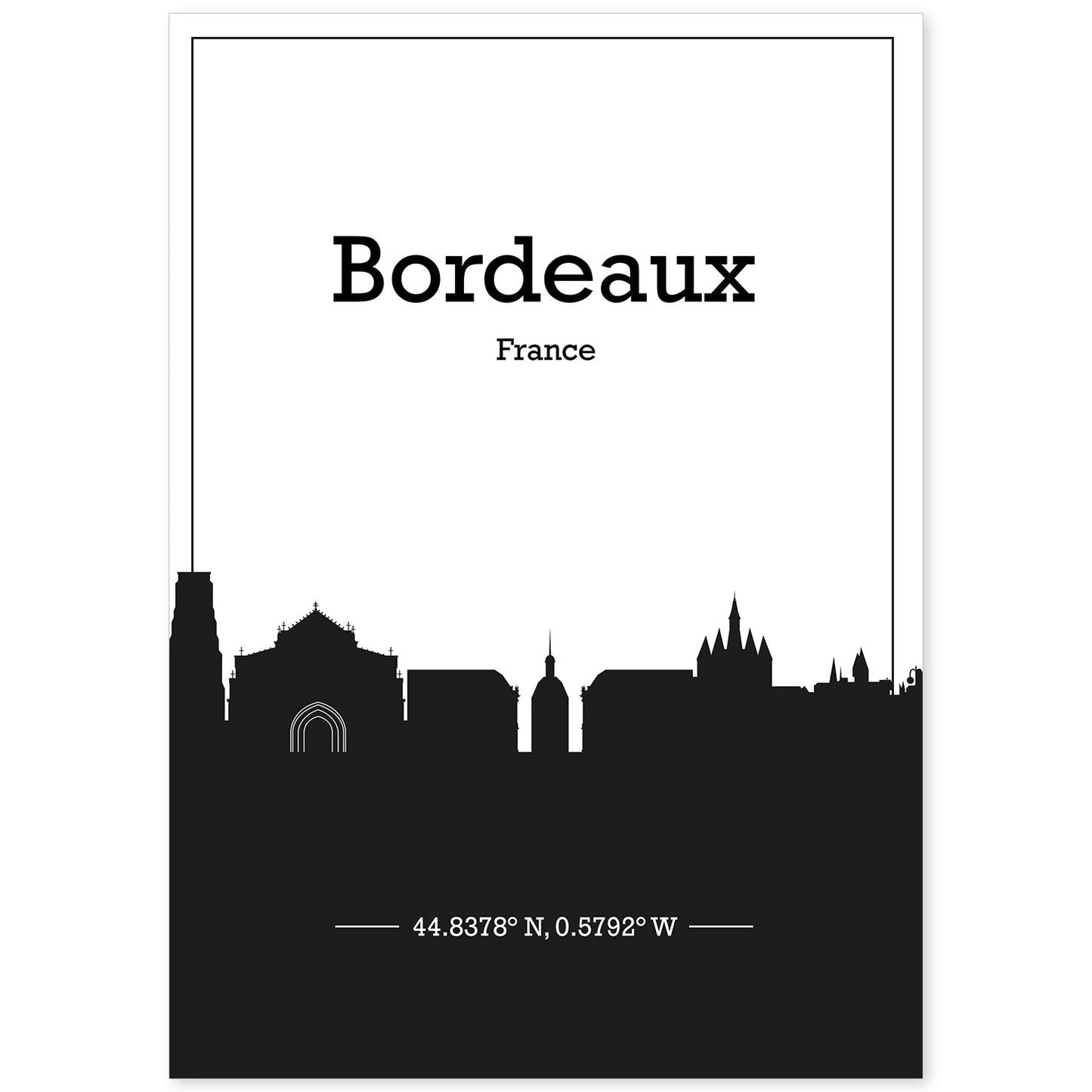 Poster con mapa de Bordeaux - Francia. Láminas con Skyline de ciudades de Francia con sombra negra.-Artwork-Nacnic-A4-Sin marco-Nacnic Estudio SL
