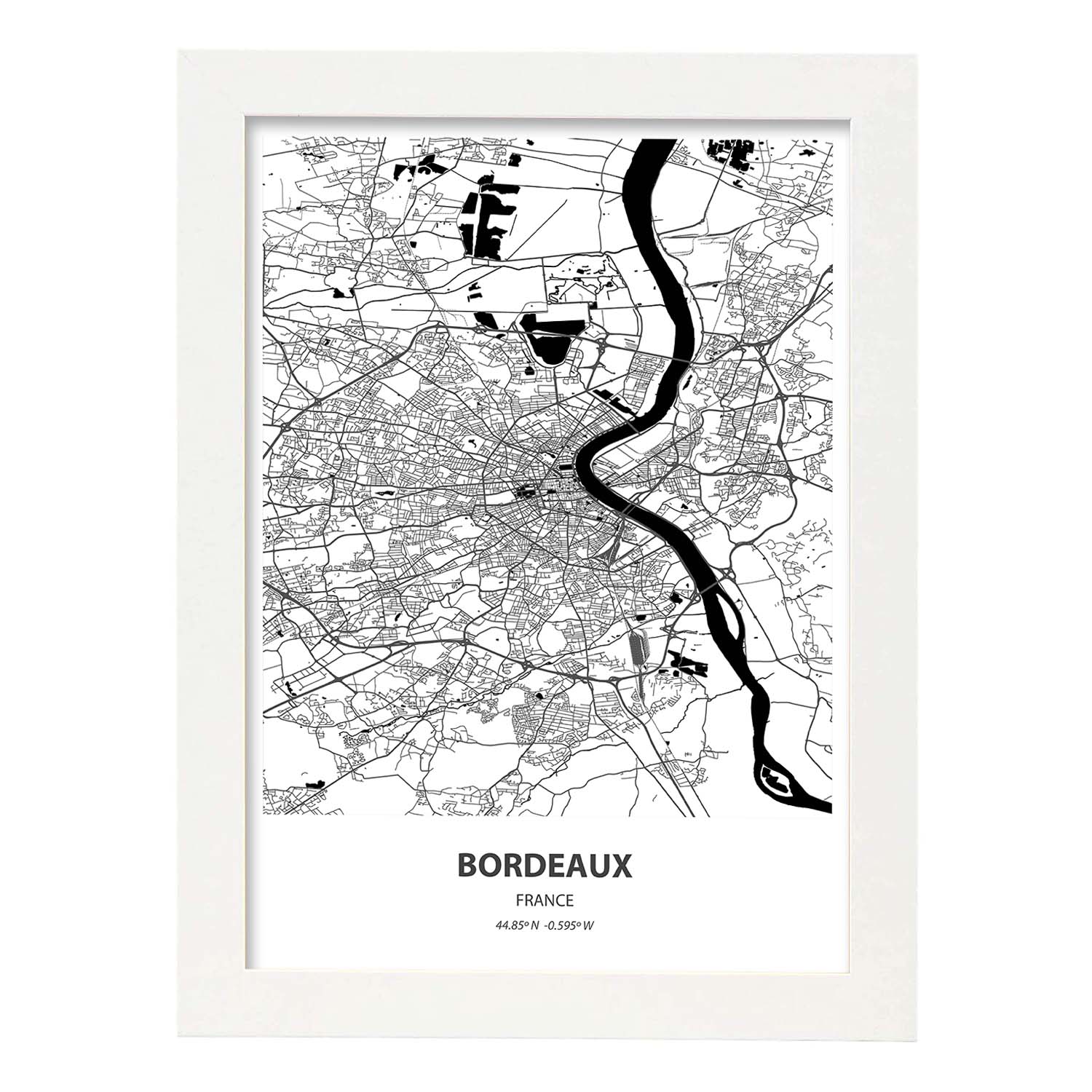 Poster con mapa de Bordeaux - Francia. Láminas de ciudades de Francia con mares y ríos en color negro.-Artwork-Nacnic-A3-Marco Blanco-Nacnic Estudio SL