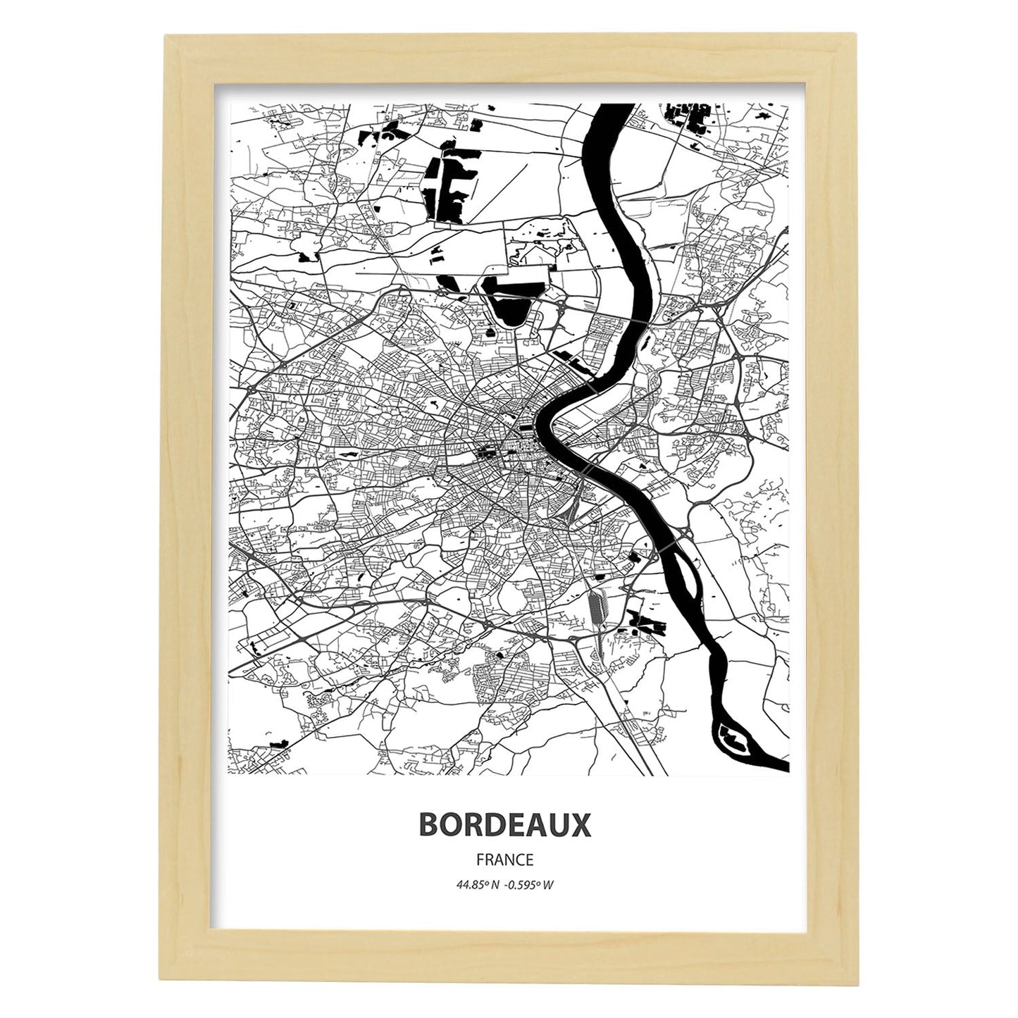 Poster con mapa de Bordeaux - Francia. Láminas de ciudades de Francia con mares y ríos en color negro.-Artwork-Nacnic-A3-Marco Madera clara-Nacnic Estudio SL