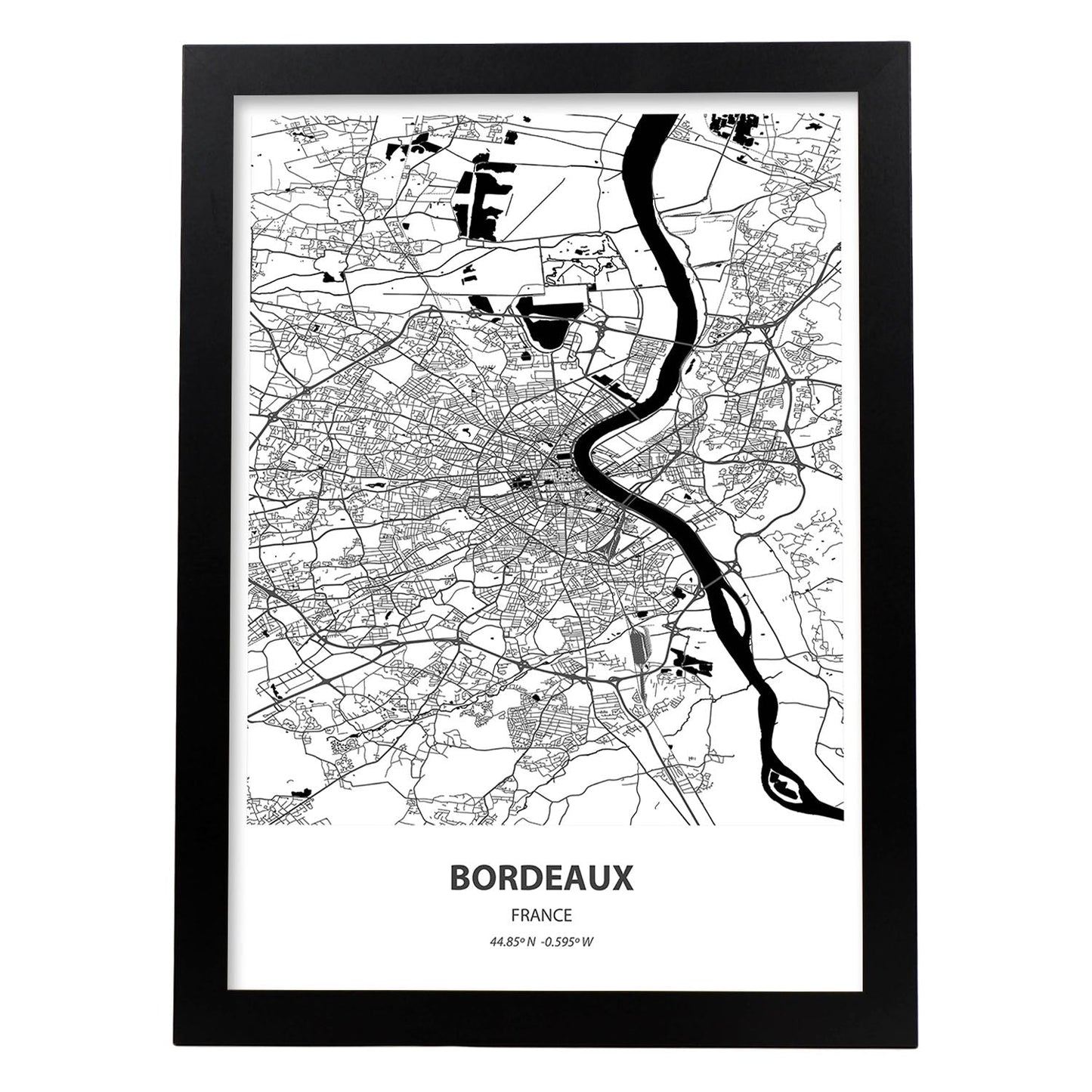 Poster con mapa de Bordeaux - Francia. Láminas de ciudades de Francia con mares y ríos en color negro.-Artwork-Nacnic-A3-Marco Negro-Nacnic Estudio SL