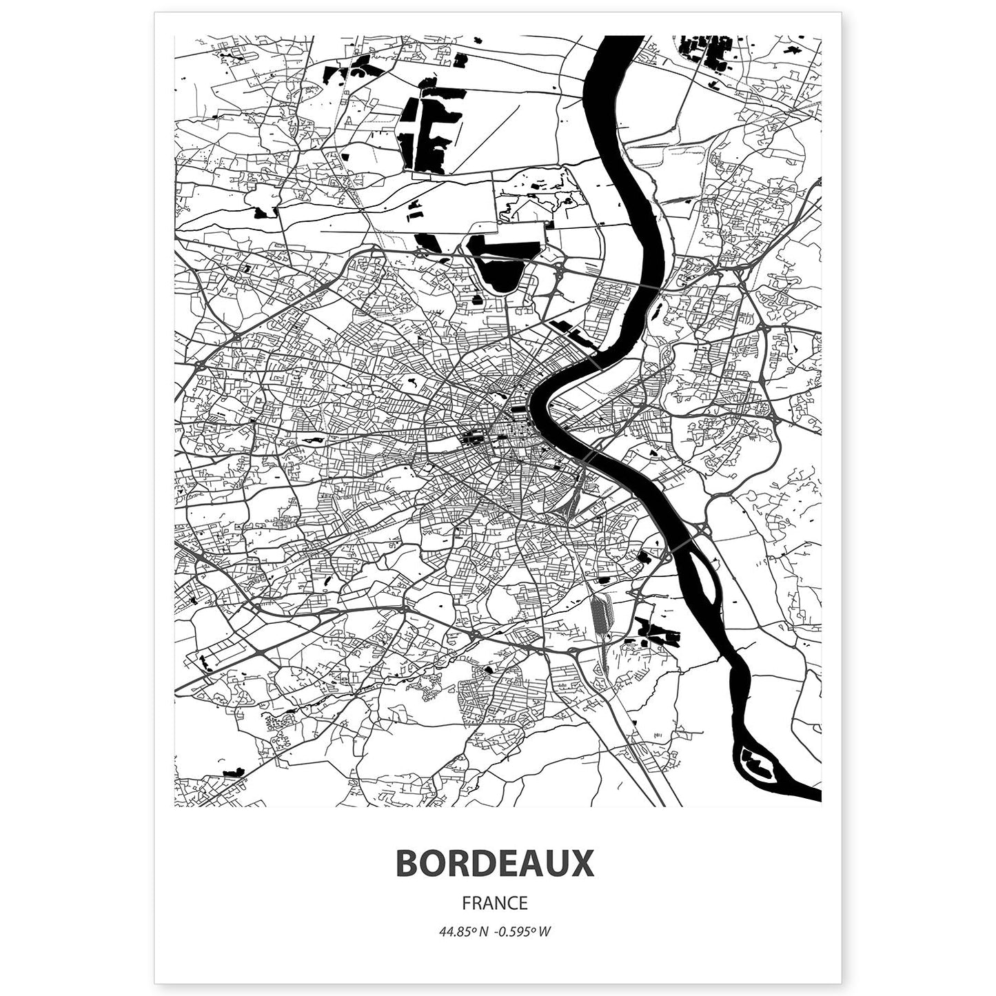 Poster con mapa de Bordeaux - Francia. Láminas de ciudades de Francia con mares y ríos en color negro.-Artwork-Nacnic-A4-Sin marco-Nacnic Estudio SL