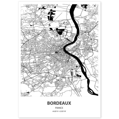 Poster con mapa de Bordeaux - Francia. Láminas de ciudades de Francia con mares y ríos en color negro.-Artwork-Nacnic-A4-Sin marco-Nacnic Estudio SL