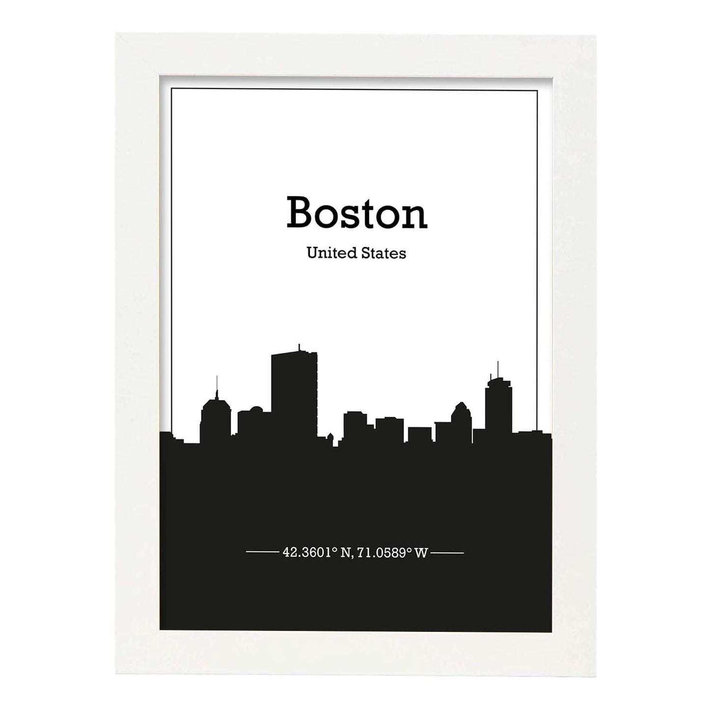 Poster con mapa de Boston - USA. Láminas con Skyline de ciudades de Estados Unidos, Canada, Mexico con sombra negra.-Artwork-Nacnic-A3-Marco Blanco-Nacnic Estudio SL