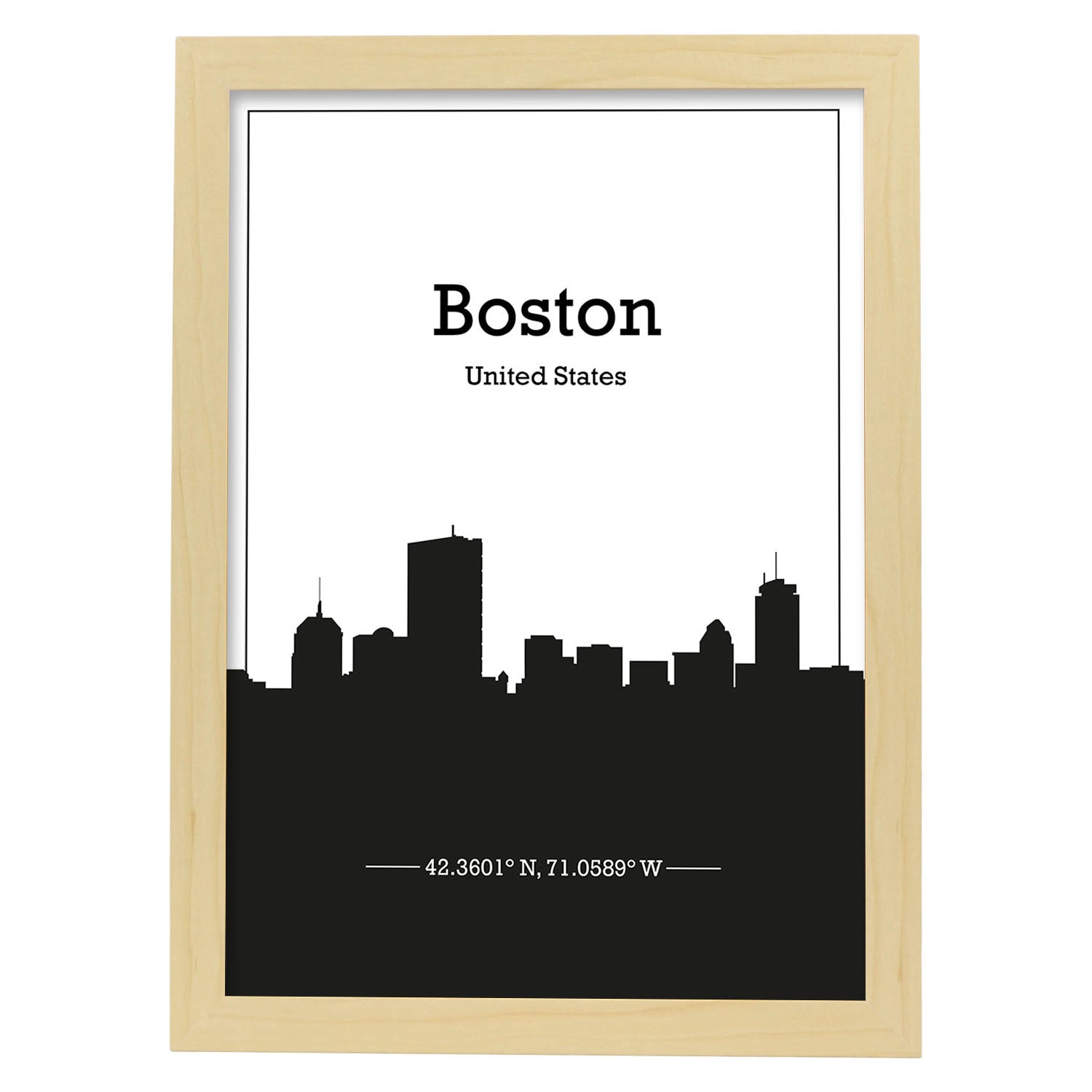 Poster con mapa de Boston - USA. Láminas con Skyline de ciudades de Estados Unidos, Canada, Mexico con sombra negra.-Artwork-Nacnic-A3-Marco Madera clara-Nacnic Estudio SL