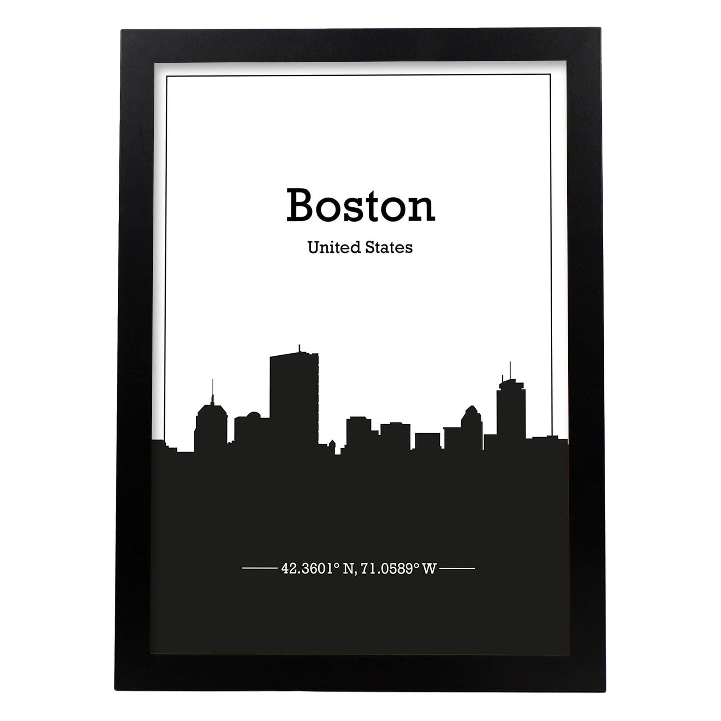 Poster con mapa de Boston - USA. Láminas con Skyline de ciudades de Estados Unidos, Canada, Mexico con sombra negra.-Artwork-Nacnic-A3-Marco Negro-Nacnic Estudio SL