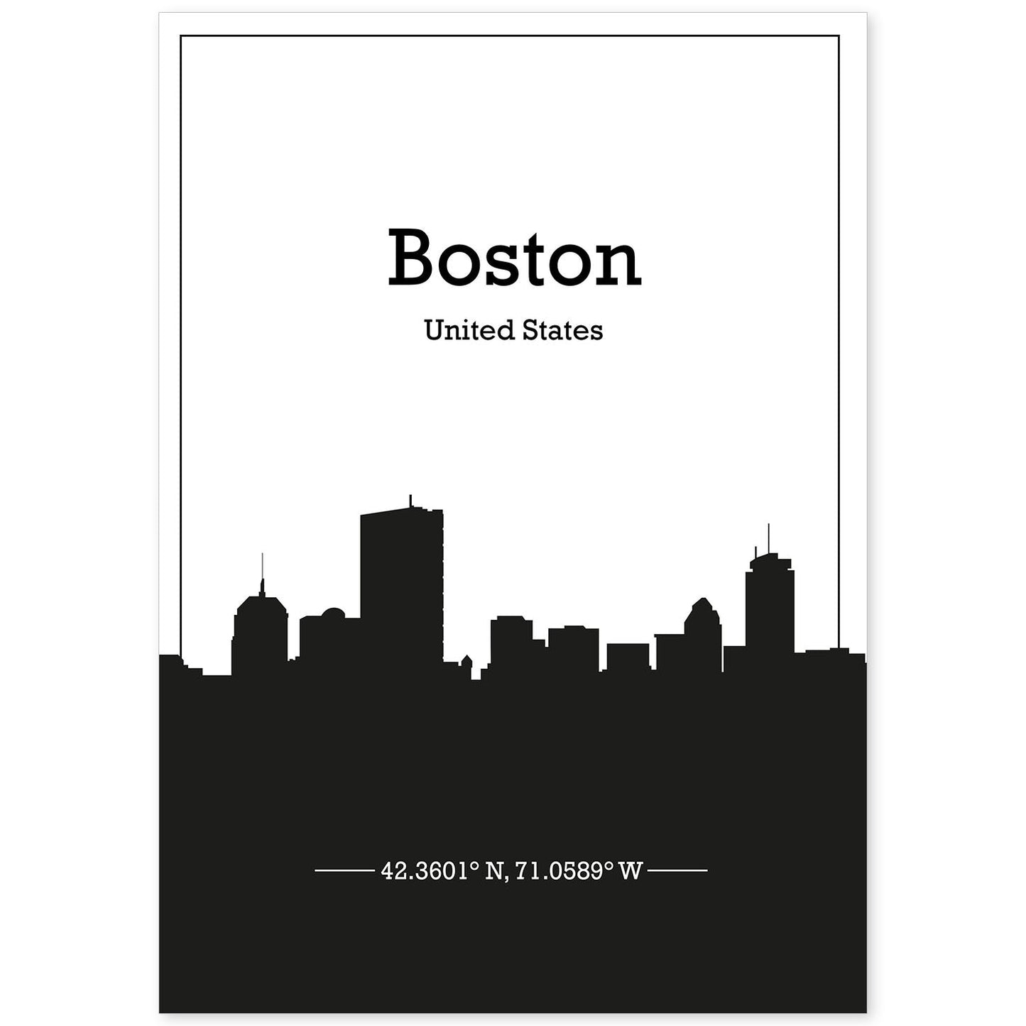 Poster con mapa de Boston - USA. Láminas con Skyline de ciudades de Estados Unidos, Canada, Mexico con sombra negra.-Artwork-Nacnic-A4-Sin marco-Nacnic Estudio SL