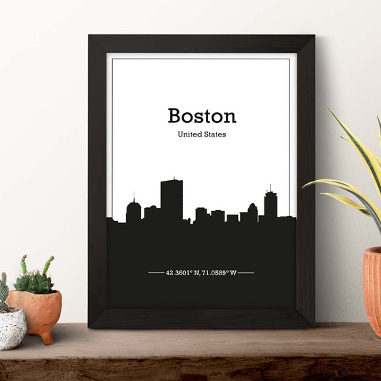 Poster con mapa de Boston - USA. Láminas con Skyline de ciudades de Estados Unidos, Canada, Mexico con sombra negra.-Artwork-Nacnic-Nacnic Estudio SL