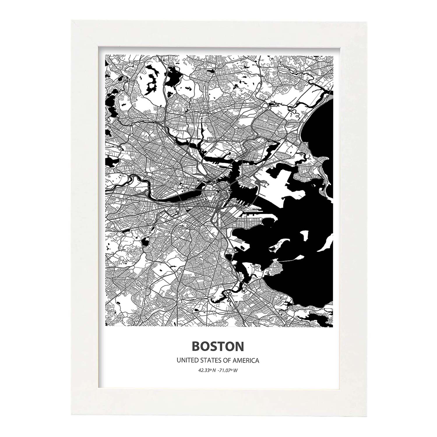 Poster con mapa de Boston - USA. Láminas de ciudades de Estados Unidos con mares y ríos en color negro.-Artwork-Nacnic-A3-Marco Blanco-Nacnic Estudio SL
