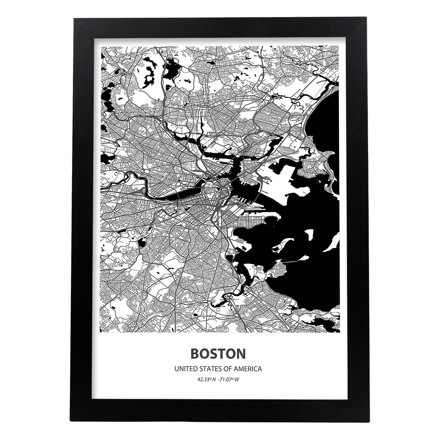 Poster con mapa de Boston - USA. Láminas de ciudades de Estados Unidos con mares y ríos en color negro.-Artwork-Nacnic-A3-Marco Negro-Nacnic Estudio SL