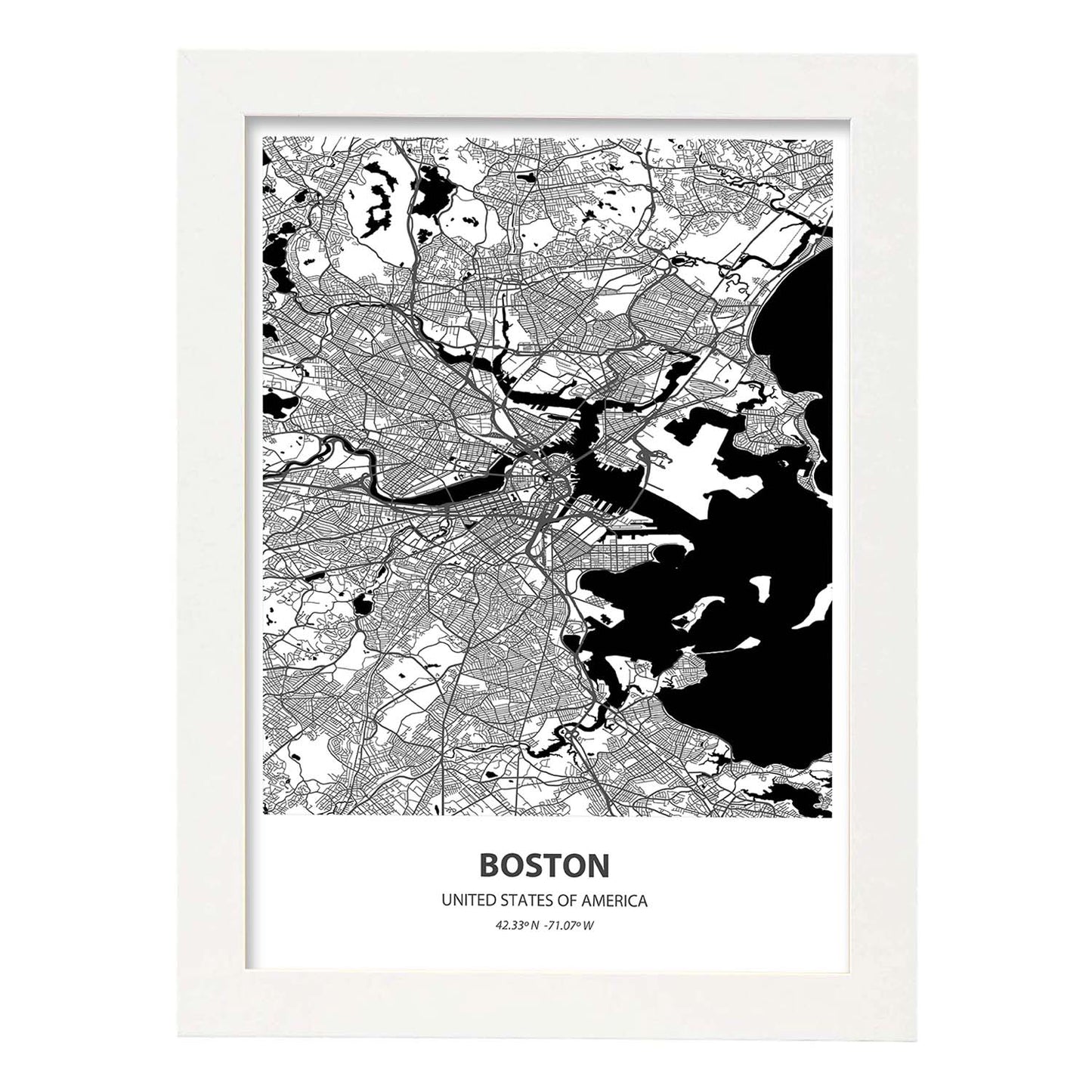 Poster con mapa de Boston - USA. Láminas de ciudades de Estados Unidos con mares y ríos en color negro.-Artwork-Nacnic-A4-Marco Blanco-Nacnic Estudio SL