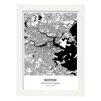 Poster con mapa de Boston - USA. Láminas de ciudades de Estados Unidos con mares y ríos en color negro.-Artwork-Nacnic-A4-Marco Blanco-Nacnic Estudio SL