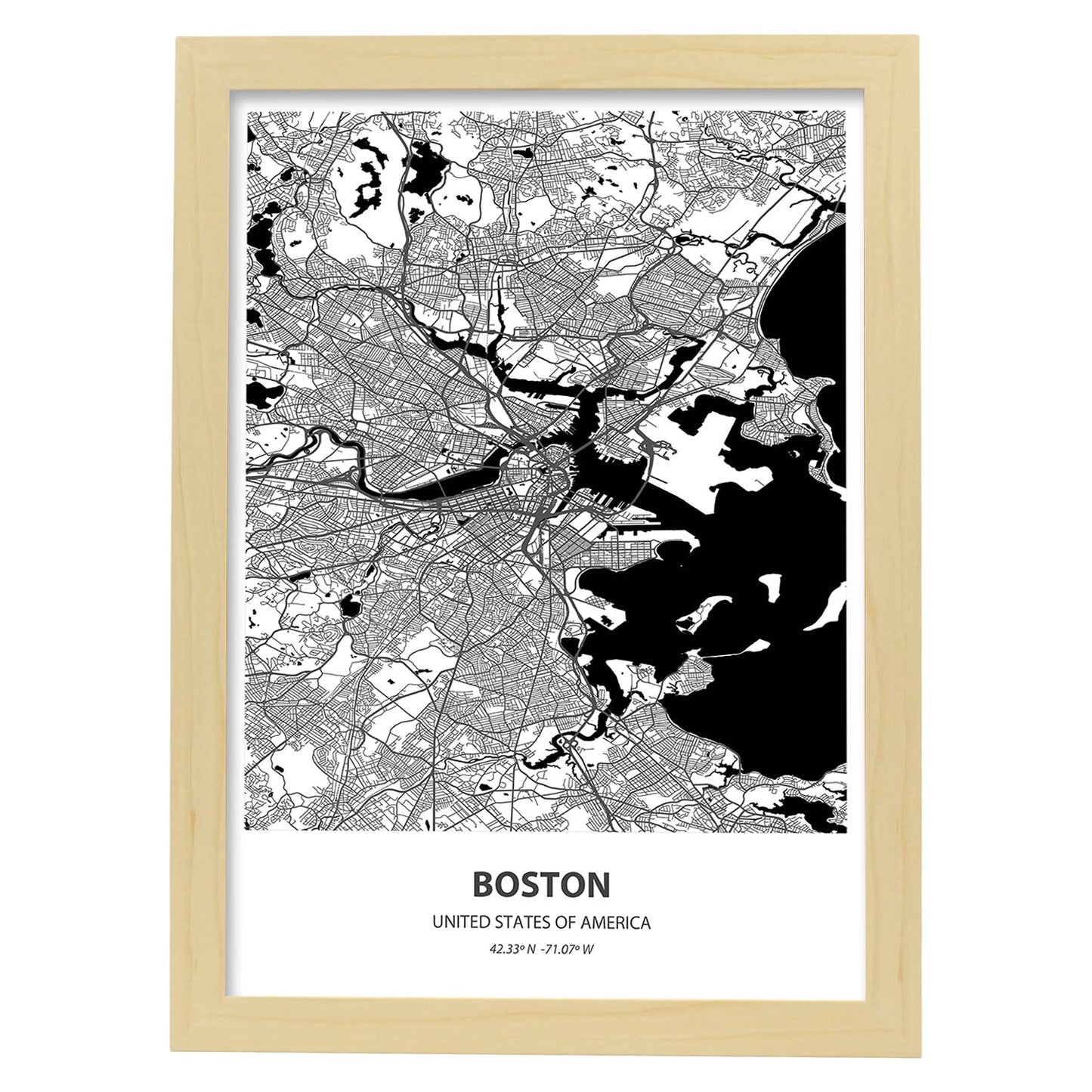 Poster con mapa de Boston - USA. Láminas de ciudades de Estados Unidos con mares y ríos en color negro.-Artwork-Nacnic-A4-Marco Madera clara-Nacnic Estudio SL