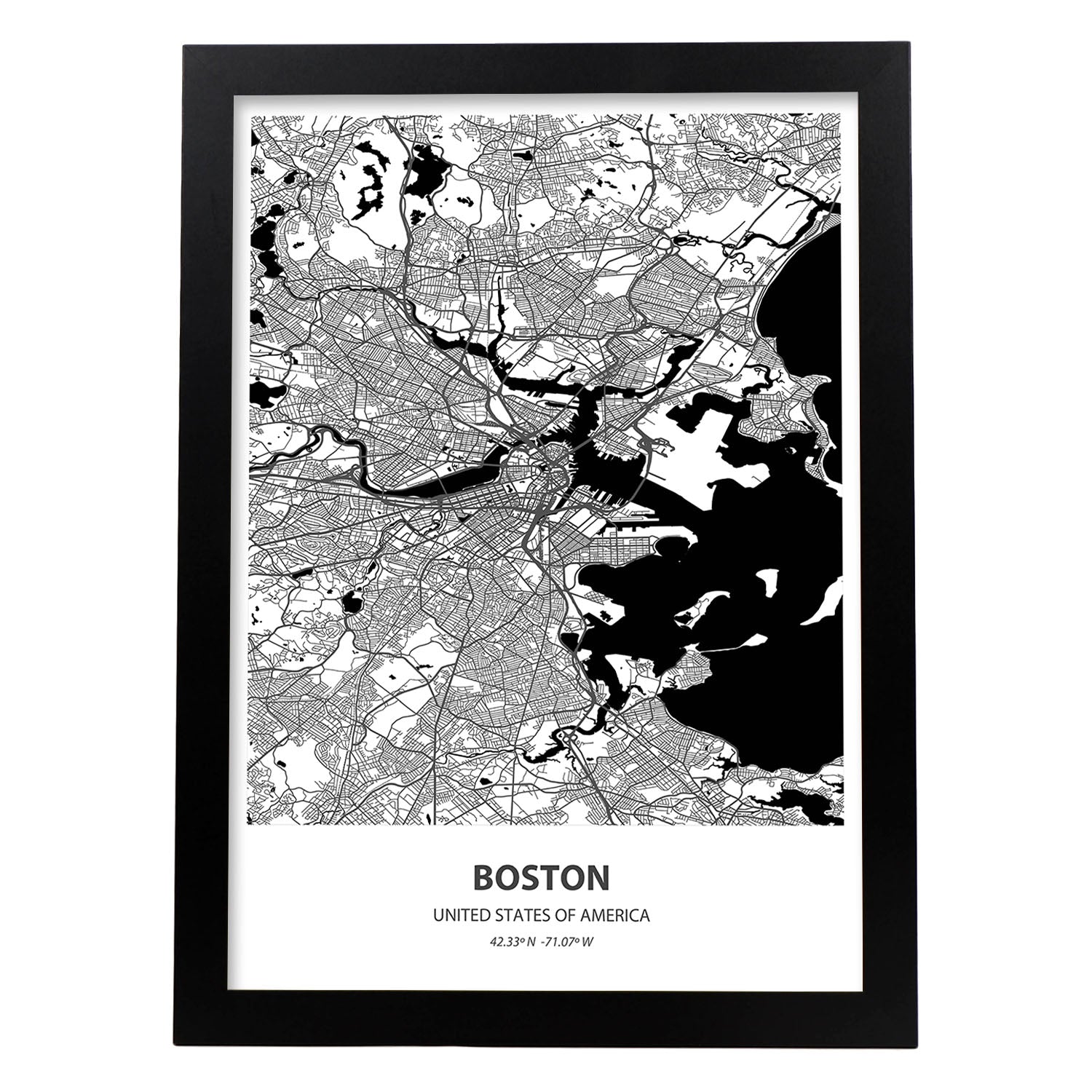 Poster con mapa de Boston - USA. Láminas de ciudades de Estados Unidos con mares y ríos en color negro.-Artwork-Nacnic-A4-Marco Negro-Nacnic Estudio SL