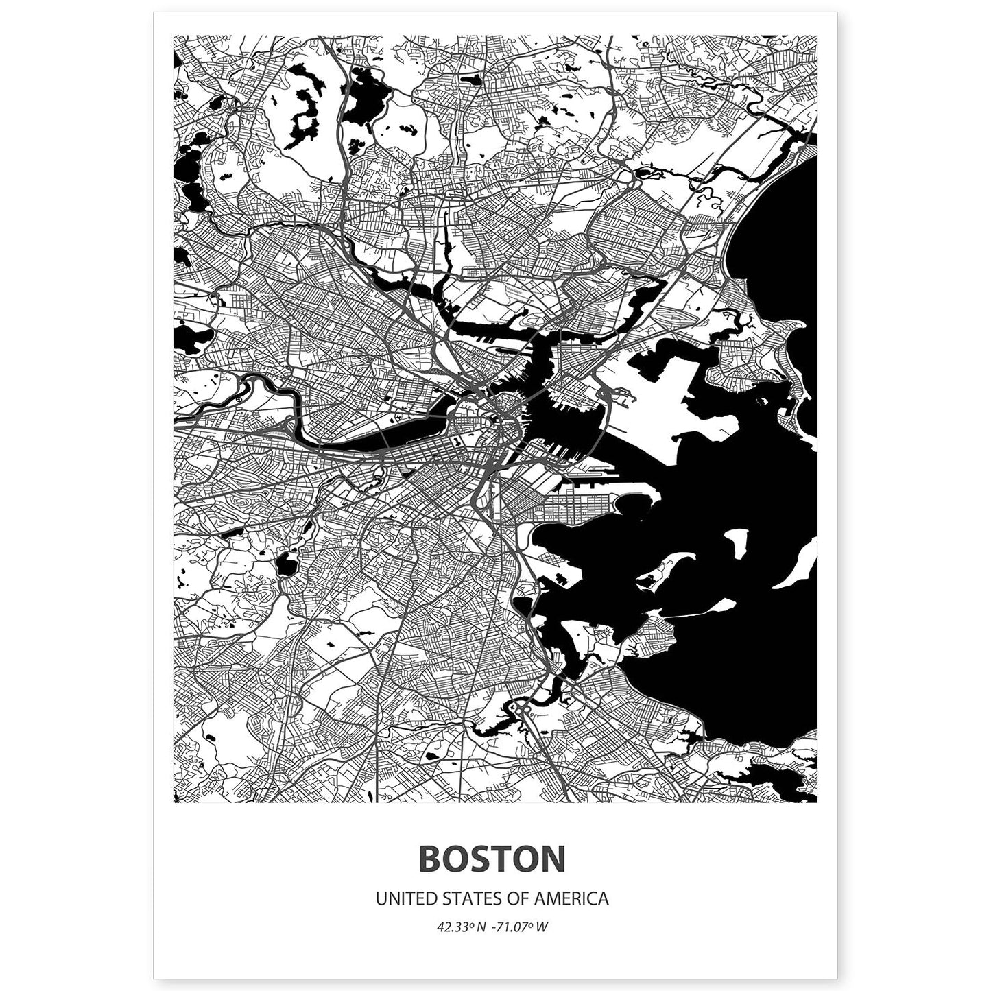 Poster con mapa de Boston - USA. Láminas de ciudades de Estados Unidos con mares y ríos en color negro.-Artwork-Nacnic-A4-Sin marco-Nacnic Estudio SL