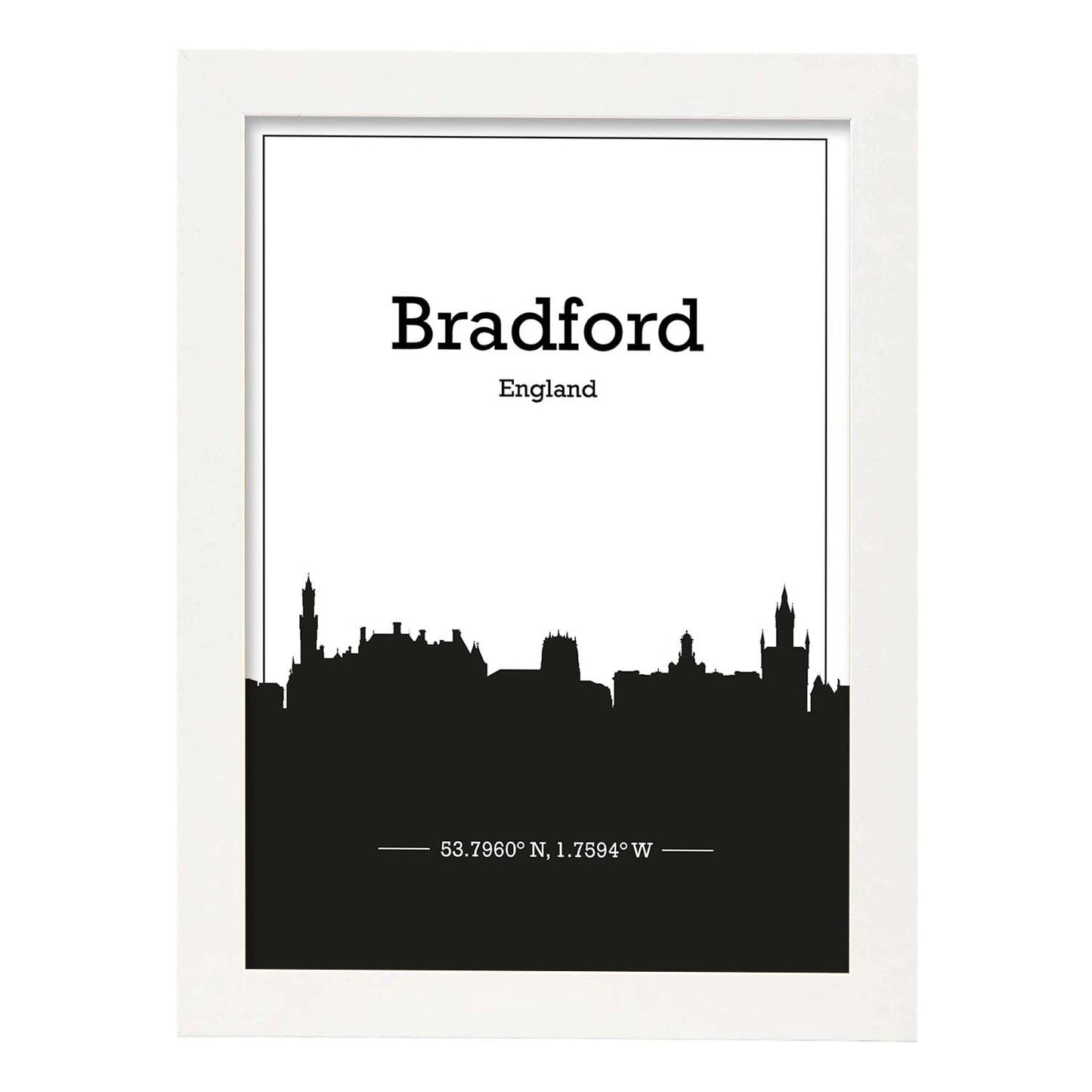 Poster con mapa de Bradford - Inglaterra. Láminas con Skyline de ciudades de Inglaterra e Irlanda con sombra negra.-Artwork-Nacnic-A3-Marco Blanco-Nacnic Estudio SL