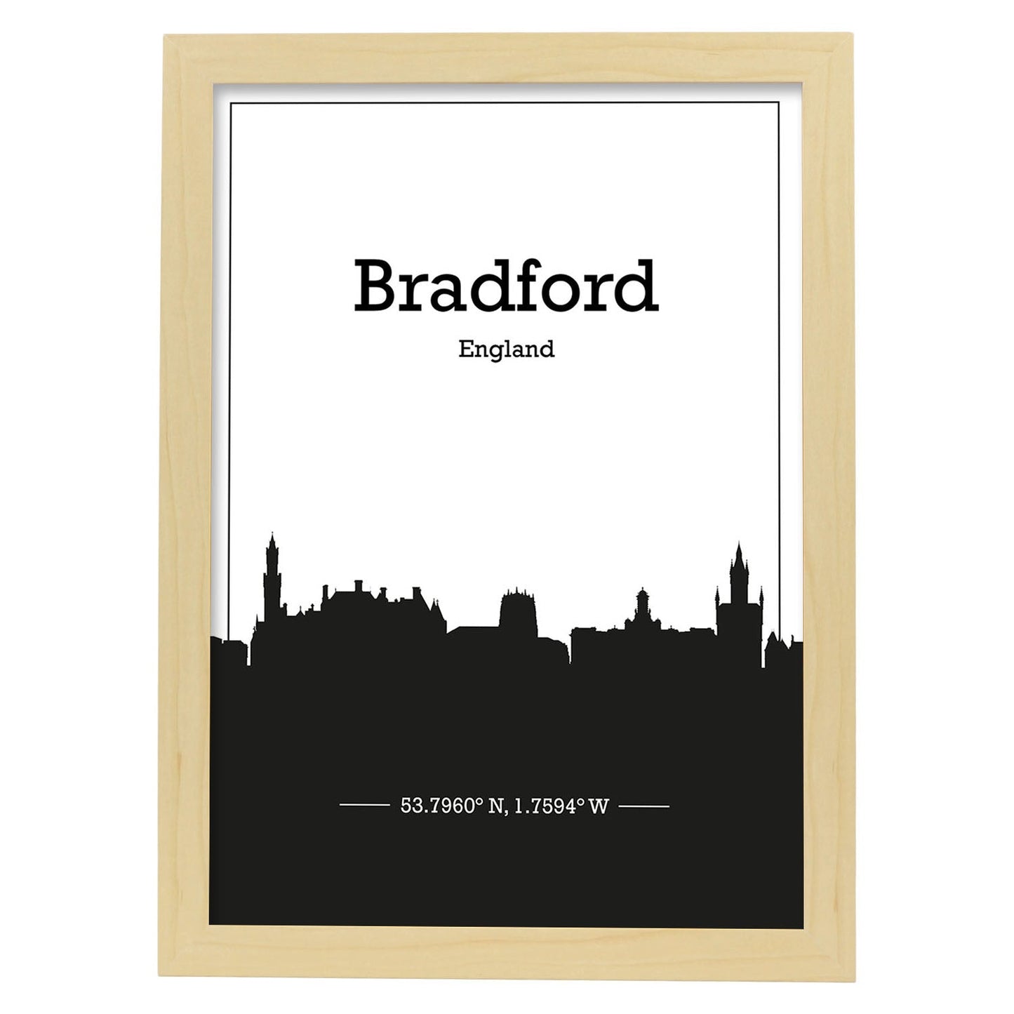 Poster con mapa de Bradford - Inglaterra. Láminas con Skyline de ciudades de Inglaterra e Irlanda con sombra negra.-Artwork-Nacnic-A3-Marco Madera clara-Nacnic Estudio SL
